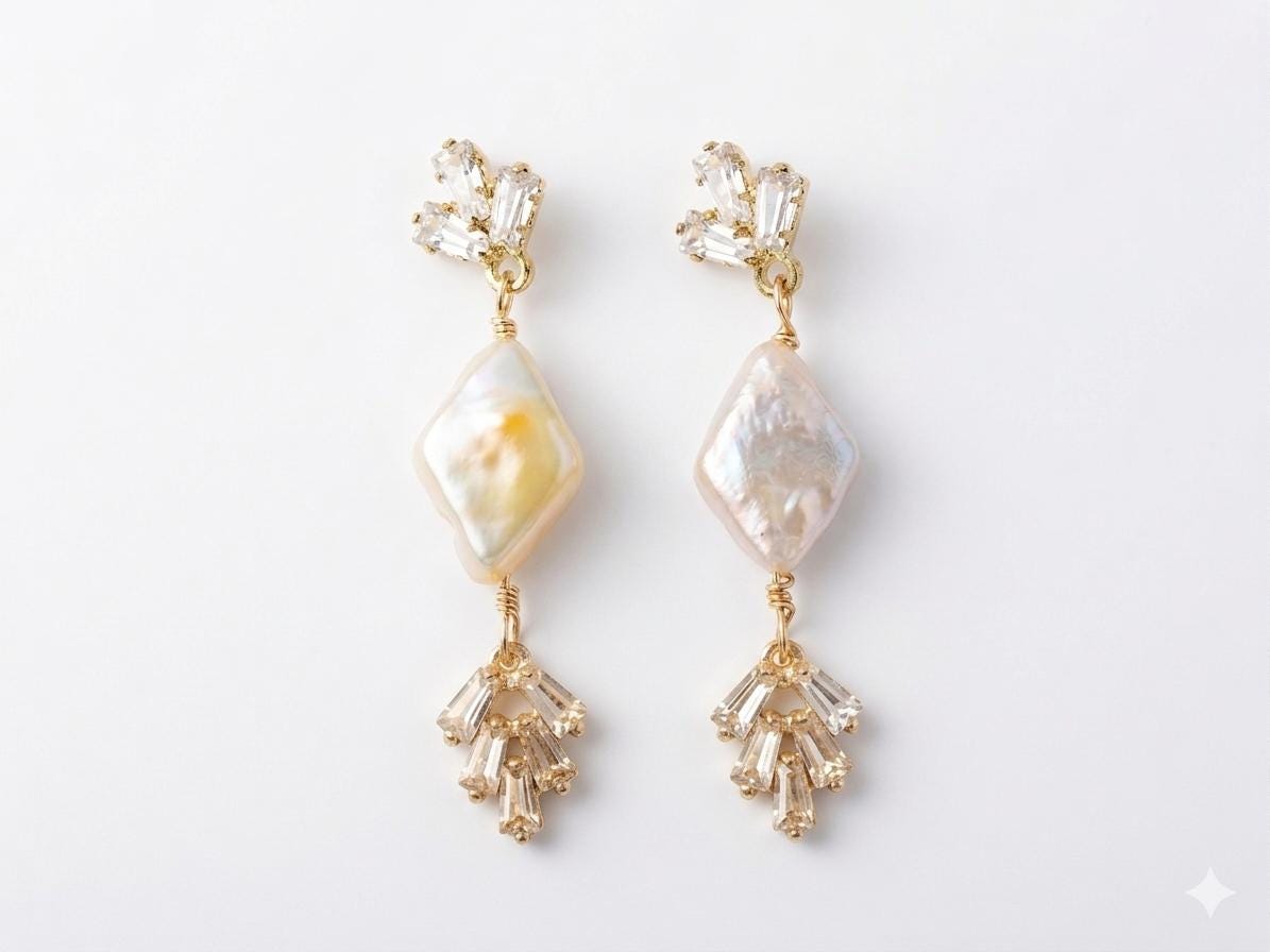 Handmade Baroque Diamond-Shaped Pearl Earrings - Vintage Art Deco Crystal Dangle Earrings - Unique Wedding or Evening Jewelry