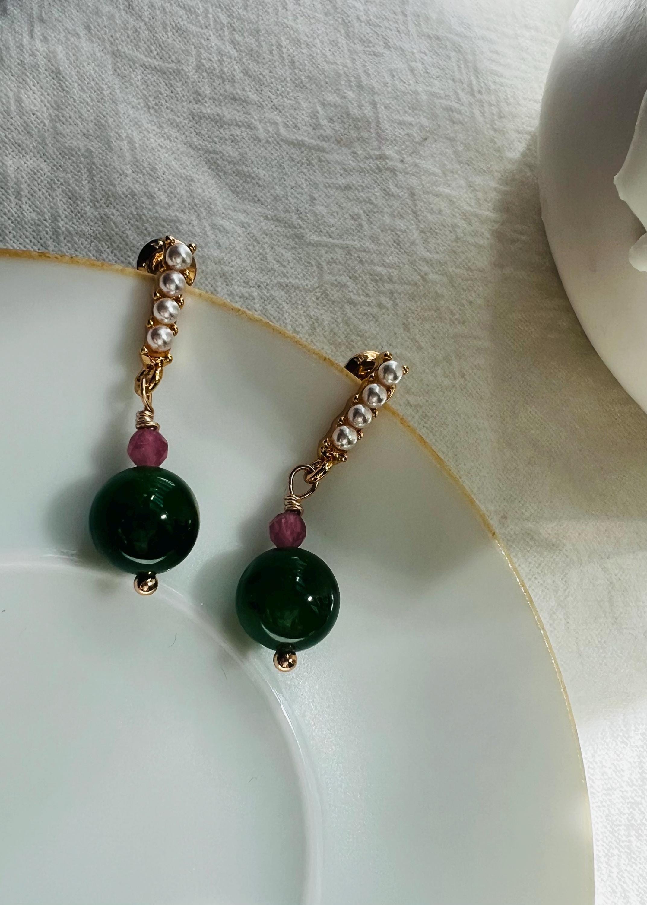 Natural Green Jade and Pink Gemstone Dangle Earrings with Seed Pearls. Quiet Luxury, Elegant Statement, Symbolic Gift, Artisanal Jewelry.