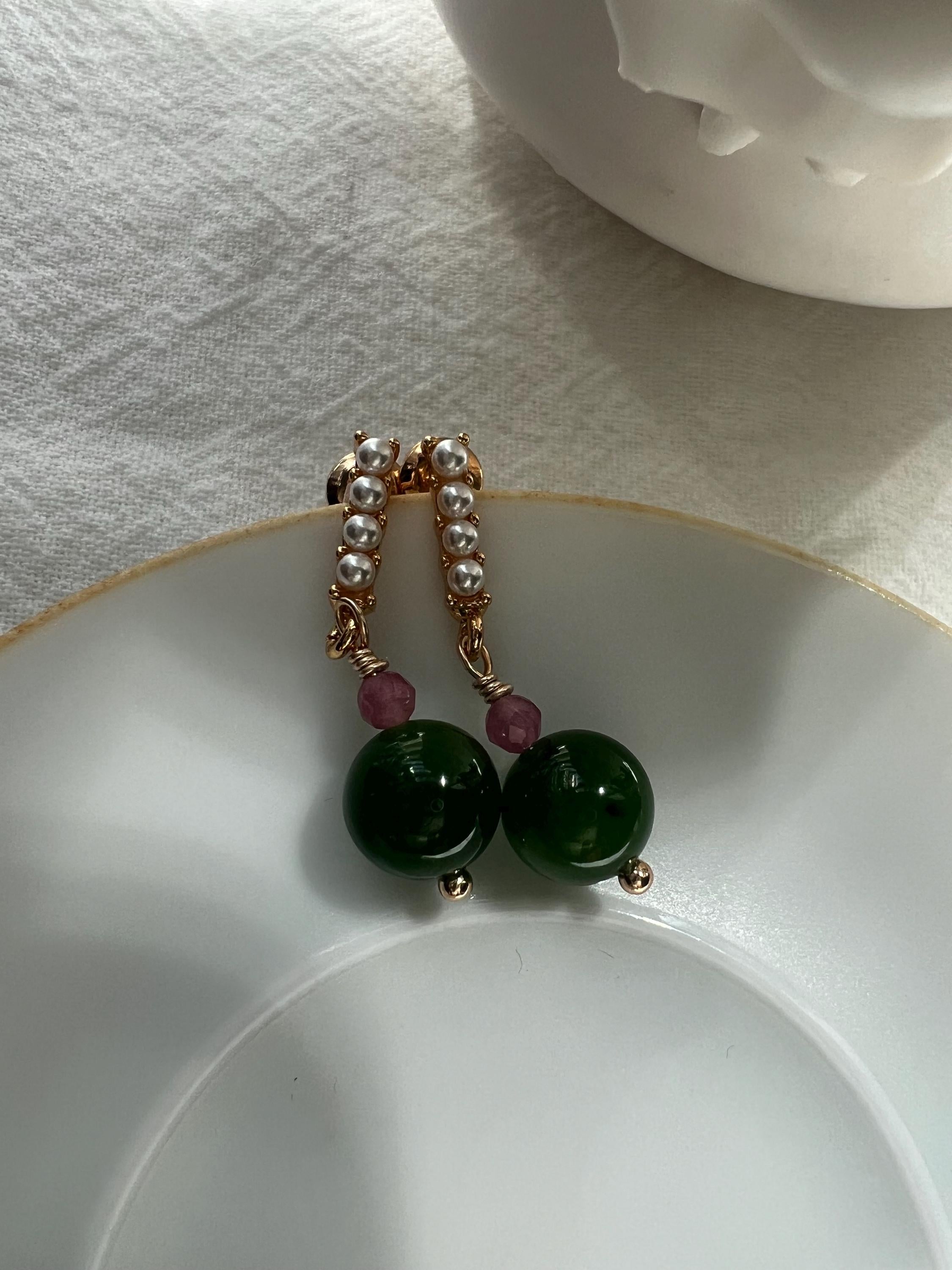Natural Green Jade and Pink Gemstone Dangle Earrings with Seed Pearls. Quiet Luxury, Elegant Statement, Symbolic Gift, Artisanal Jewelry.