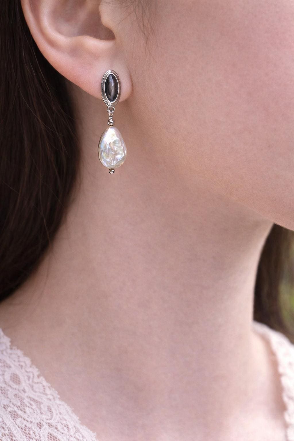 Baroque Pearl & Black Shell Dangle Earrings in Sterling Silver. The Victorian Modernist Drops. Organic Bar. Clip on