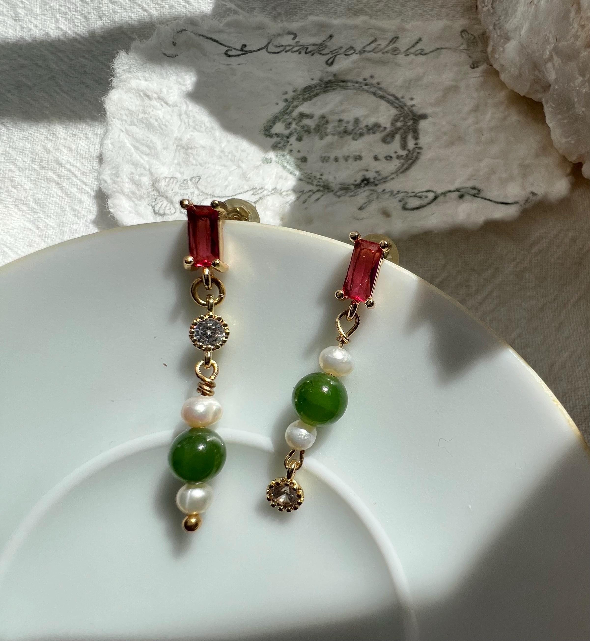 Green Jade Drop Earrings, Pink Tourmaline Studs, Pearl and Crystal Dangle, Mixed Gemstone Earrings. Unbranded Modern Chinoiserie,