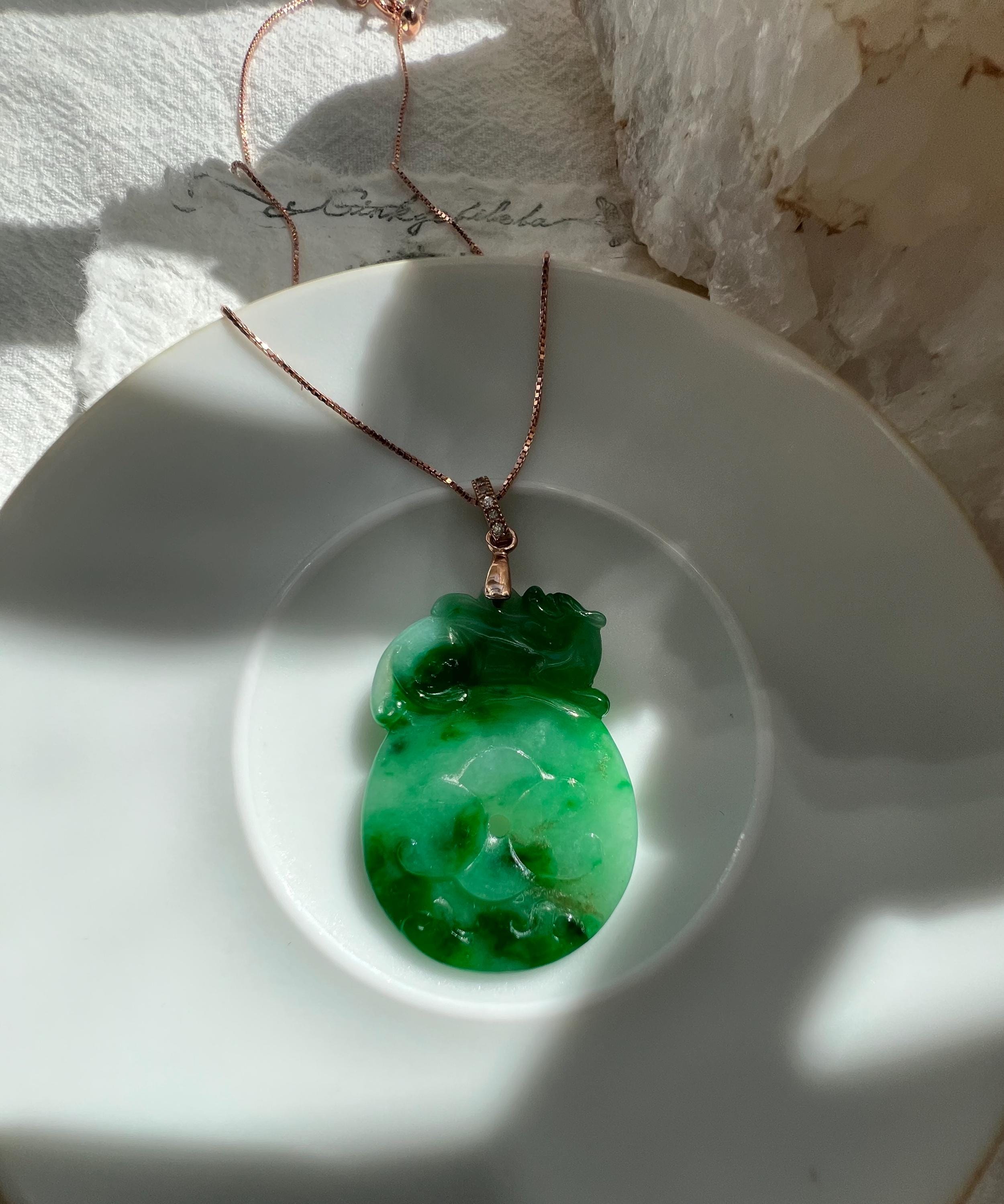 Hand-Carved Natural Green Jadeite Pendant in 18K Rose Gold Mythic Heritage – Intricate Dragon & Phoenix