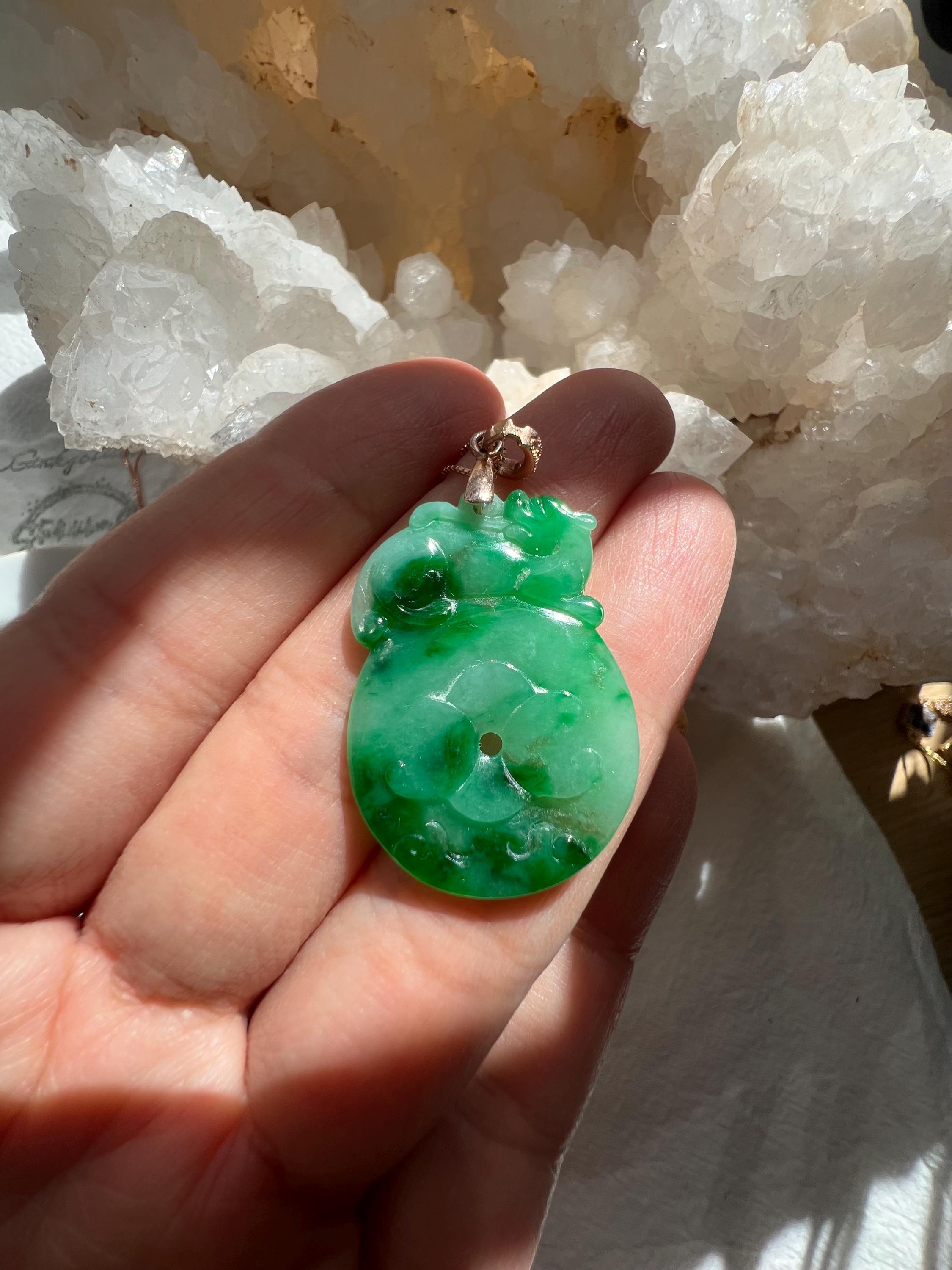 Hand-Carved Natural Green Jadeite Pendant in 18K Rose Gold Mythic Heritage – Intricate Dragon & Phoenix