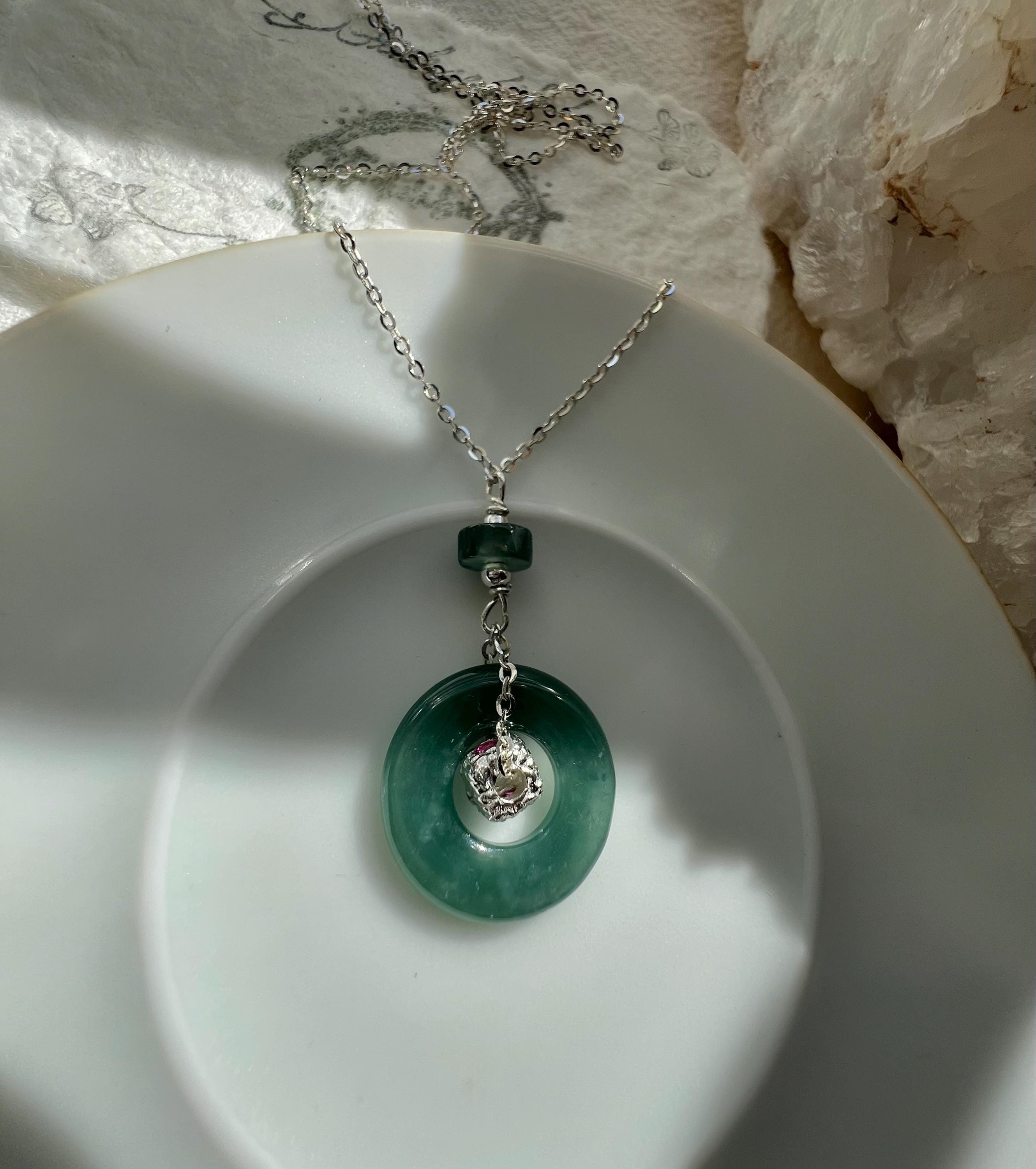 Jade Safety Disc Necklace, Ping An Kou Pendant, Green Jadeite Jewelry, Silver Charm Necklace. Oriental Minimalism
