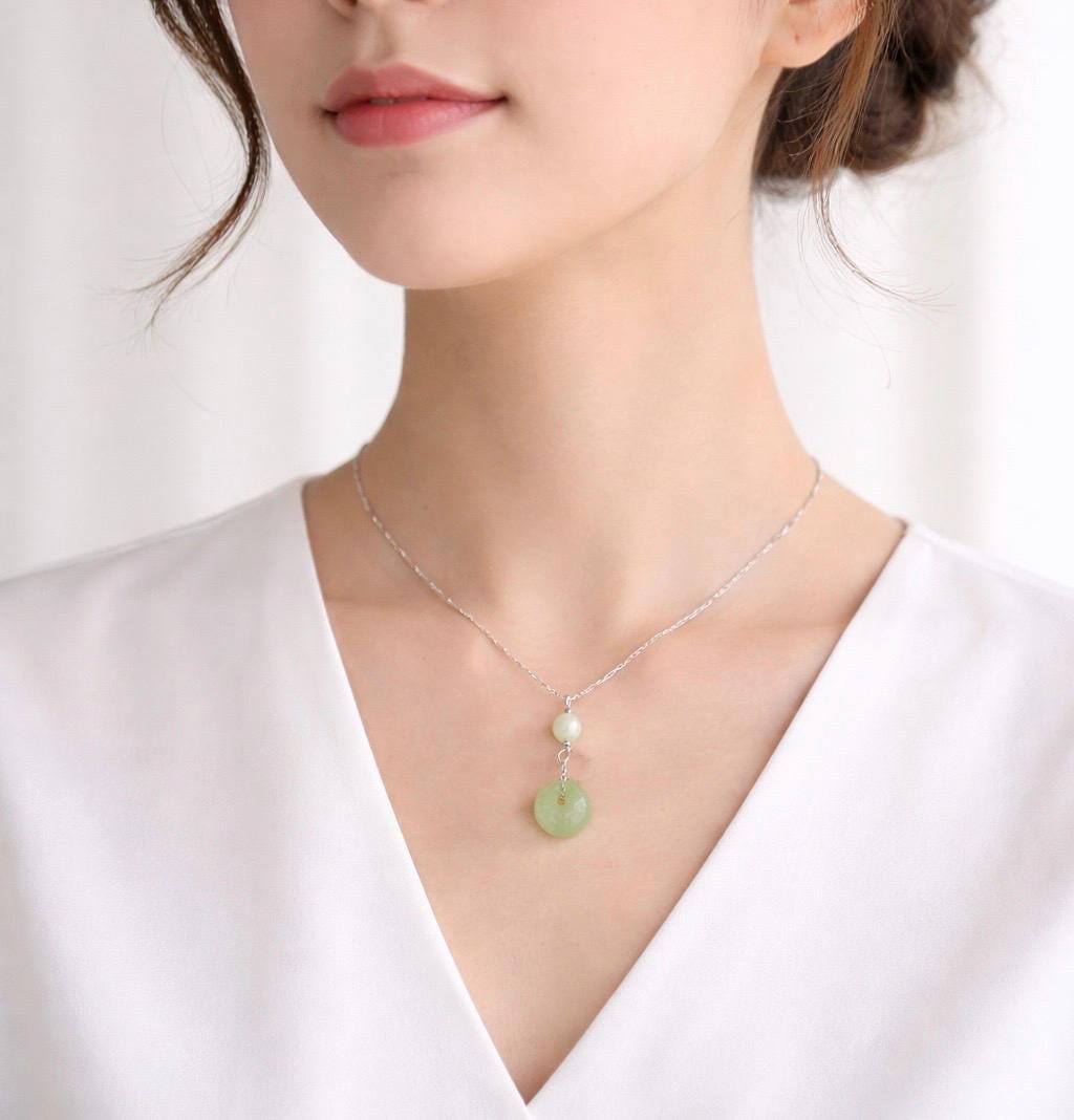 Natural Light Green Jade Pendant Necklace - Minimalist Zen Circle Jewelry in Sterling Silver - Meaningful Protection Gift for Her