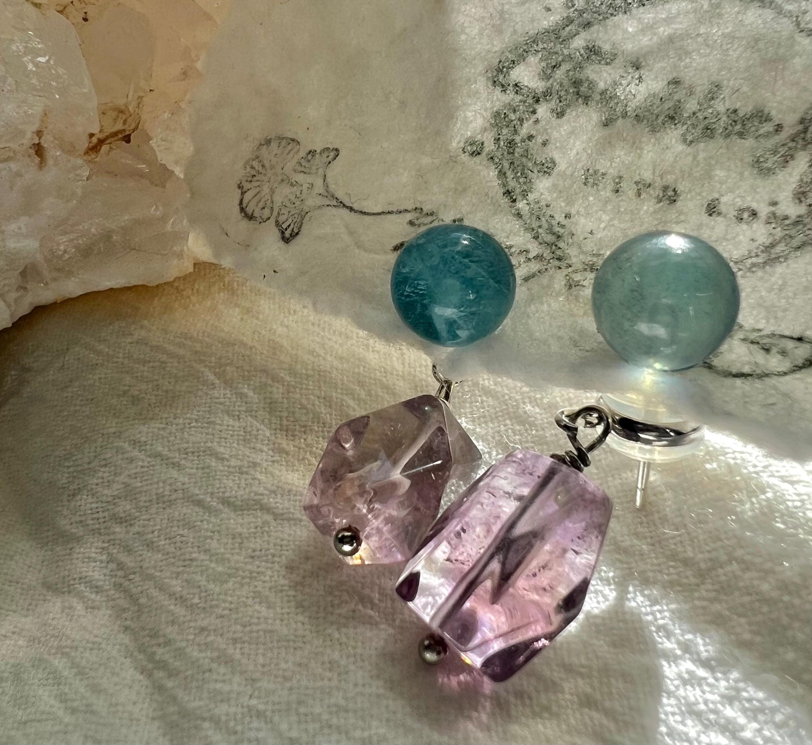 Convertible 2-in-1 Gemstone Earrings - Teal Bead Studs with Removable Raw Purple Stone Drops - Two Ways to Wear