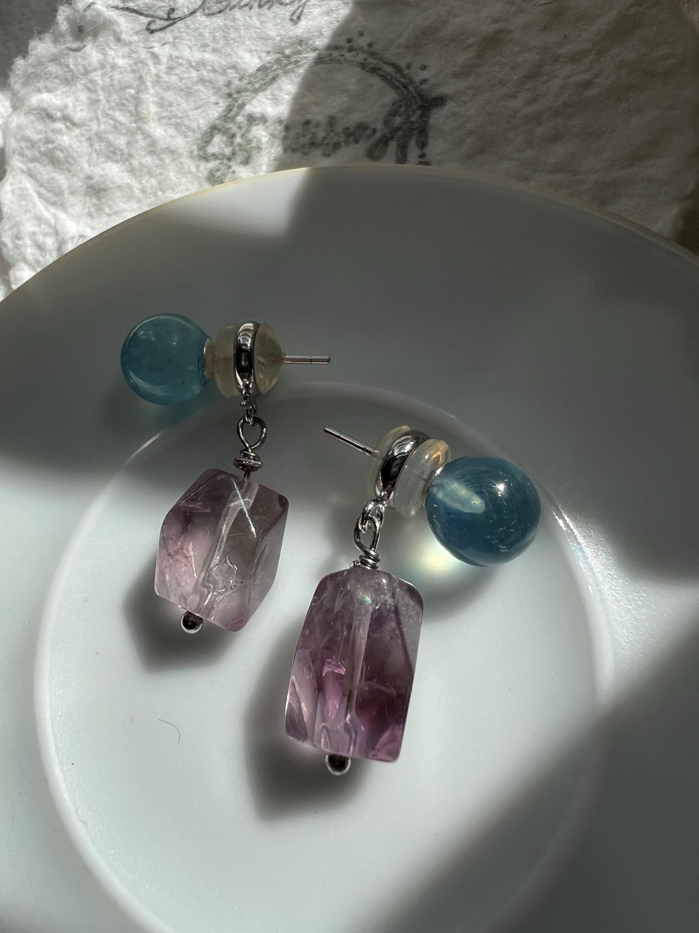 Convertible 2-in-1 Gemstone Earrings - Teal Bead Studs with Removable Raw Purple Stone Drops - Two Ways to Wear