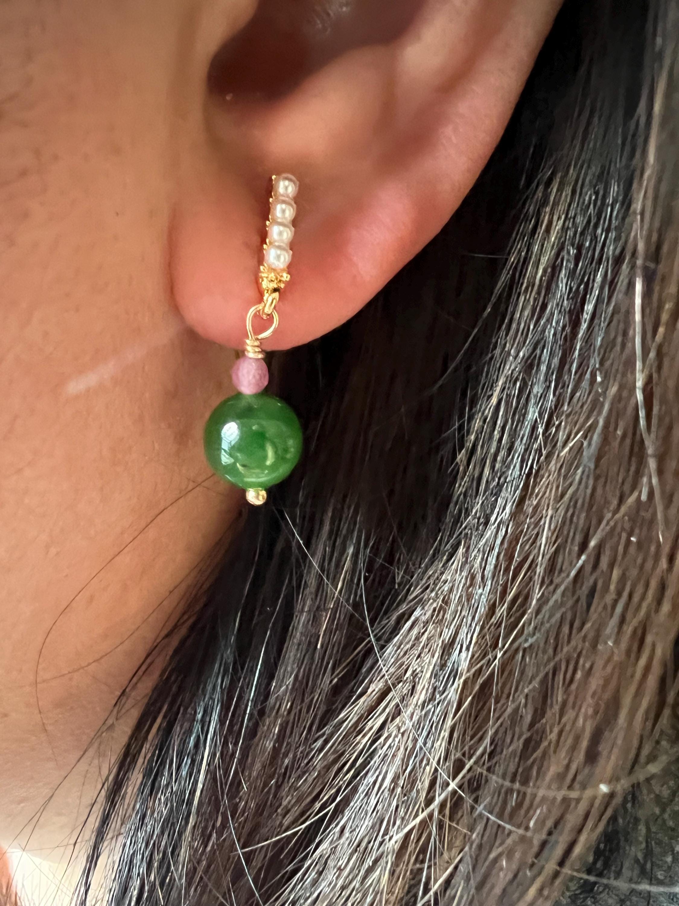 Natural Green Jade and Pink Gemstone Dangle Earrings with Seed Pearls. Quiet Luxury, Elegant Statement, Symbolic Gift, Artisanal Jewelry.