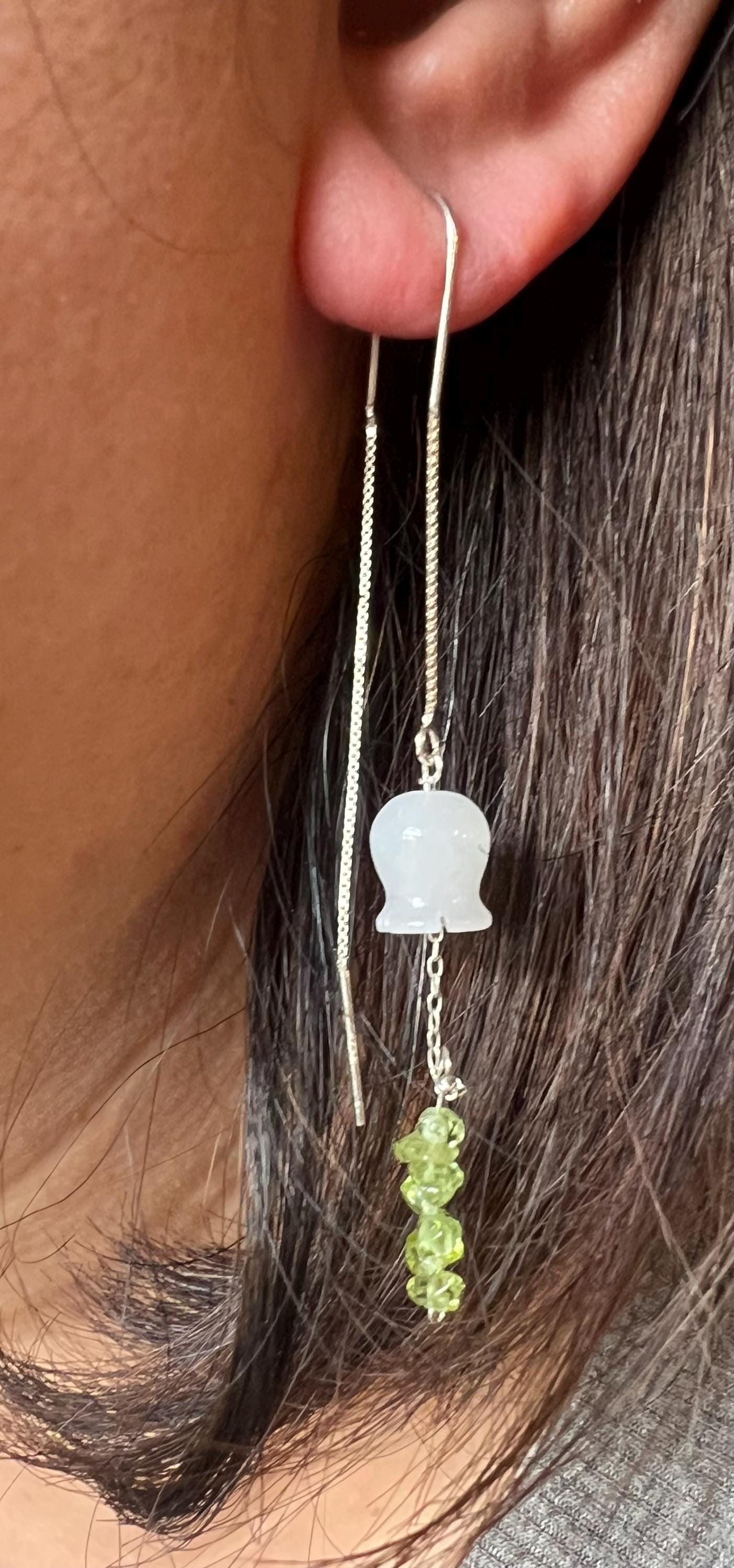 Lily of the Valley Jade Earrings, Natural Olivine Peridot Chip Threaders, Delicate Flower Dangle Earrings, Green and White Botanical Jewelry