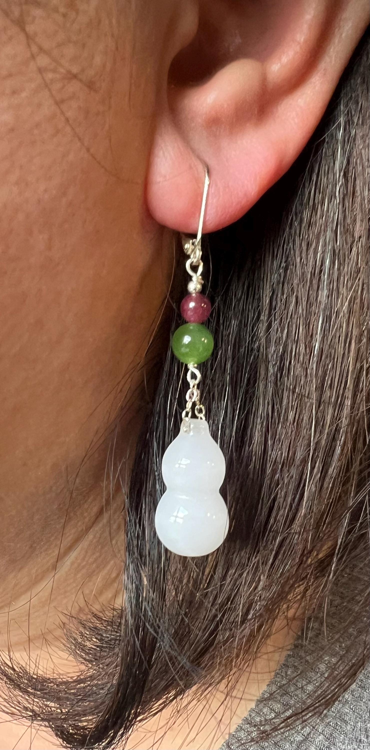 Natural Jade Wu Lou Gourd Dangle Earrings, Ruby Red Tourmaline and Green Nephrite Accents, Sterling Silver Dangle, Cultural Good Luck