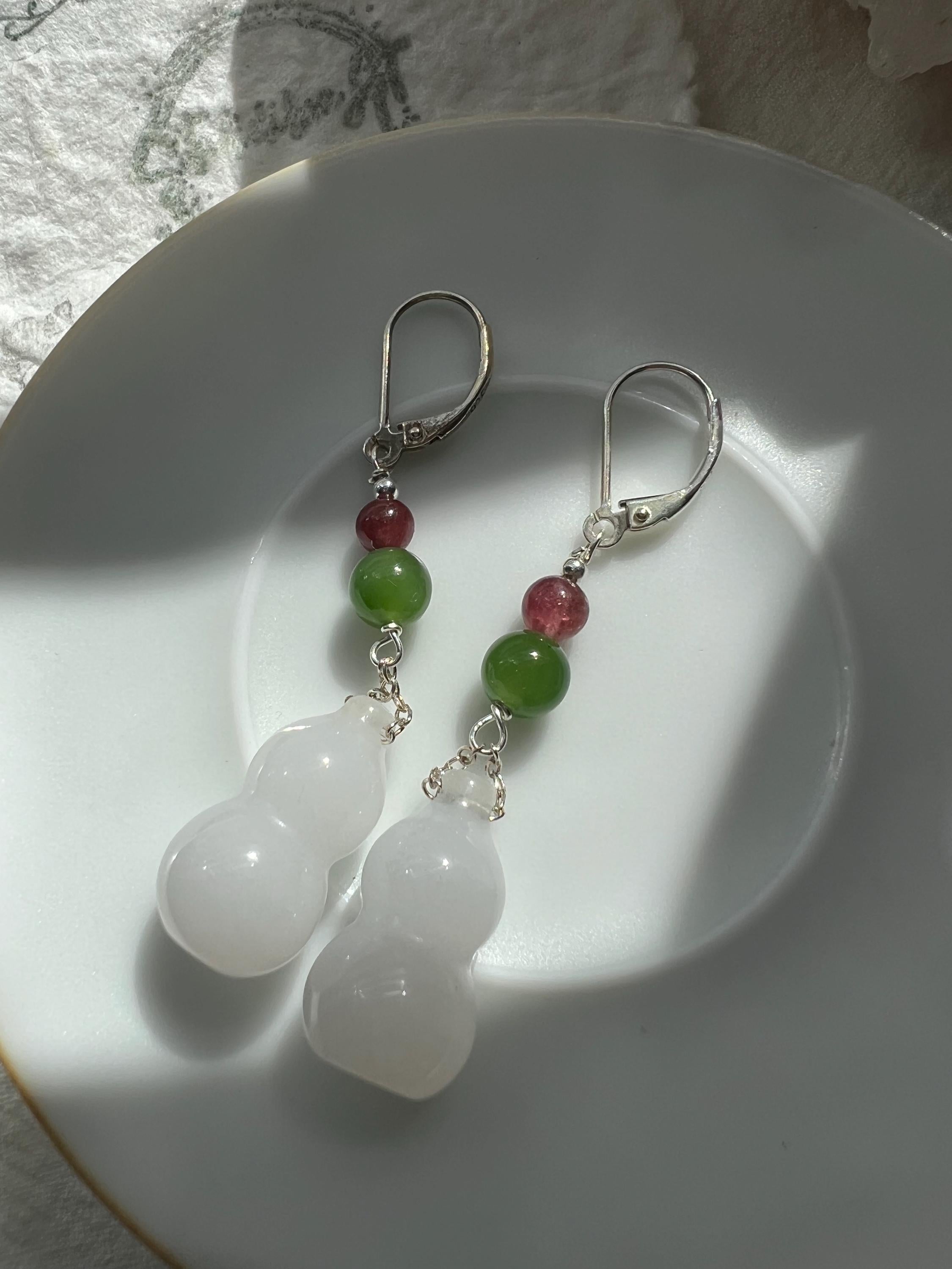 Natural Jade Wu Lou Gourd Dangle Earrings, Ruby Red Tourmaline and Green Nephrite Accents, Sterling Silver Dangle, Cultural Good Luck