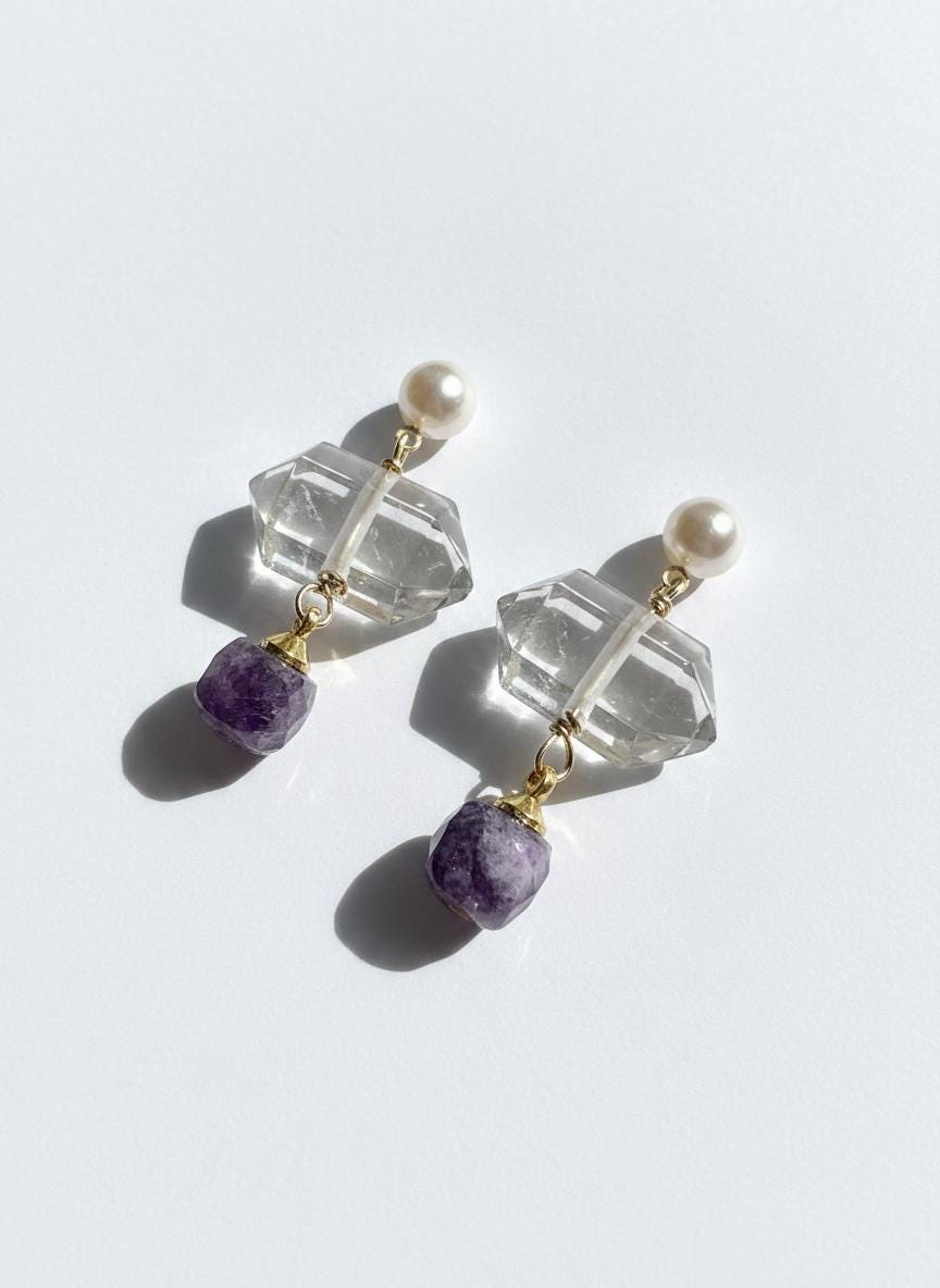 Ethereal Light — Handcrafted Raw Crystal & Pearl Meditative Earrings