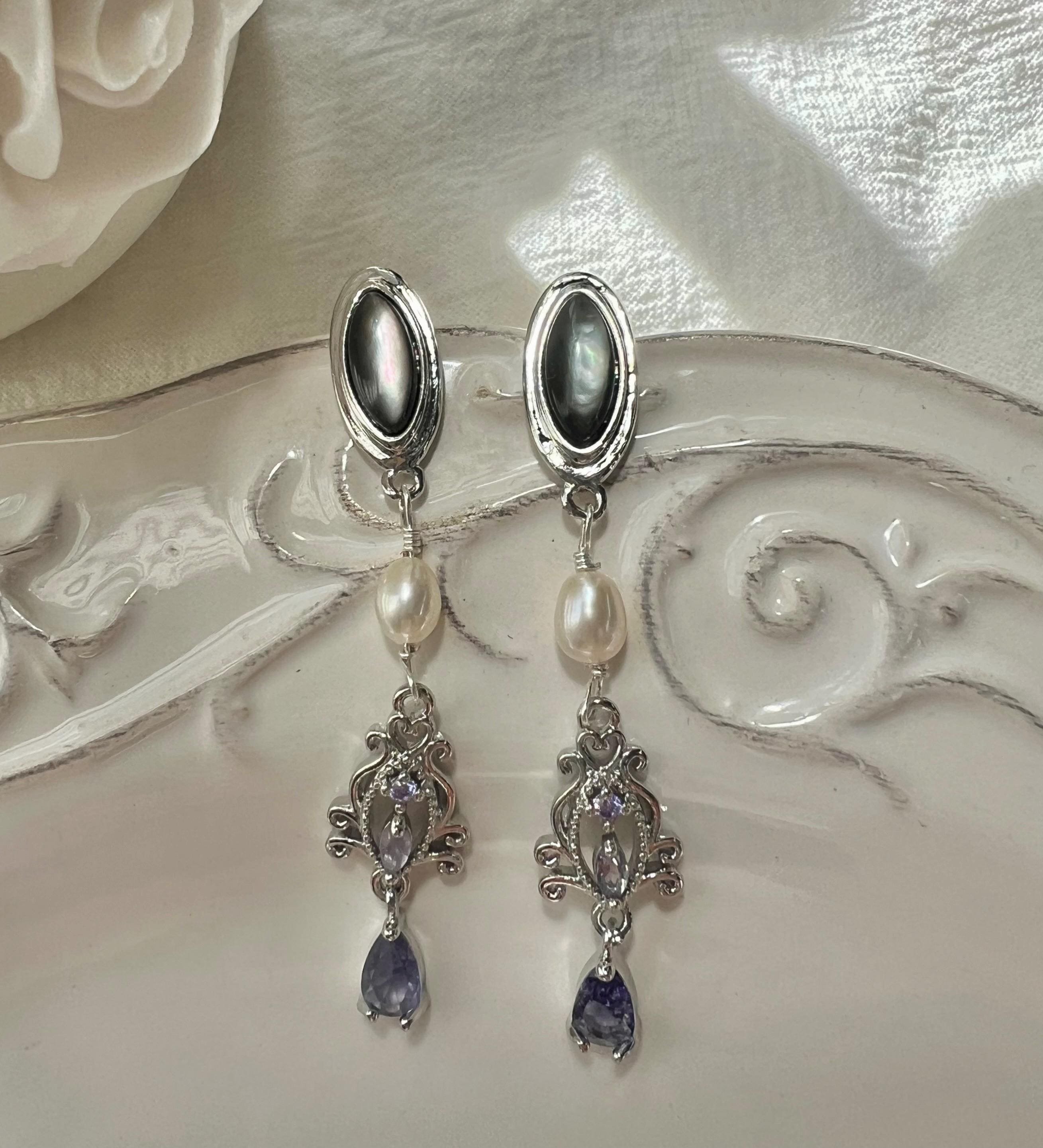 Black Mother of Pearl Pearl Amethyst Earrings, 925 Sterling Silver Dangle pearl earrings, Vintage Style Drop Earrings, Elegant Handmade