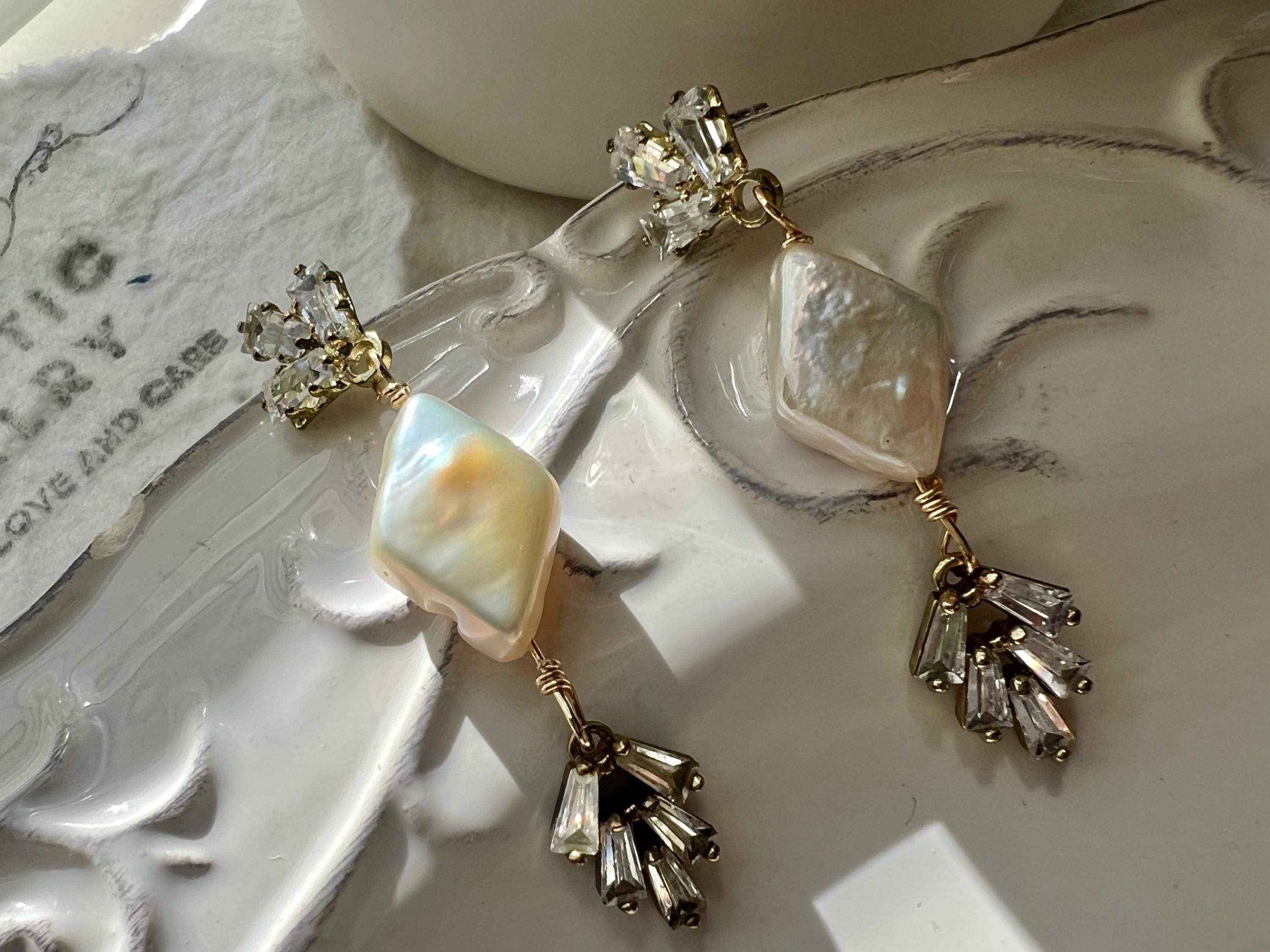 Handmade Baroque Diamond-Shaped Pearl Earrings - Vintage Art Deco Crystal Dangle Earrings - Unique Wedding or Evening Jewelry