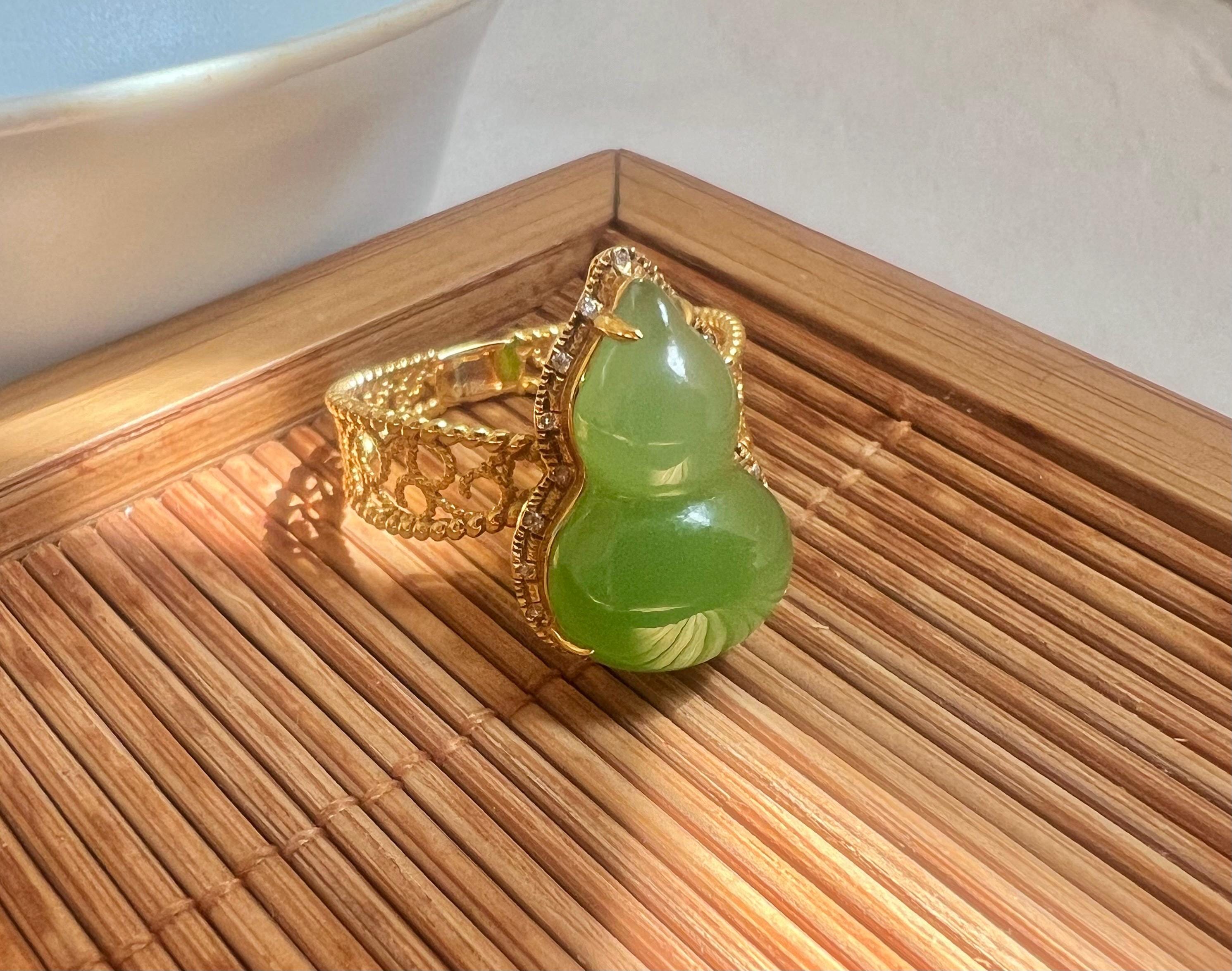 Imperial Hulu — Natural Apple Green Nephrite Jade Ring in 18k Solid Gold Filigree
