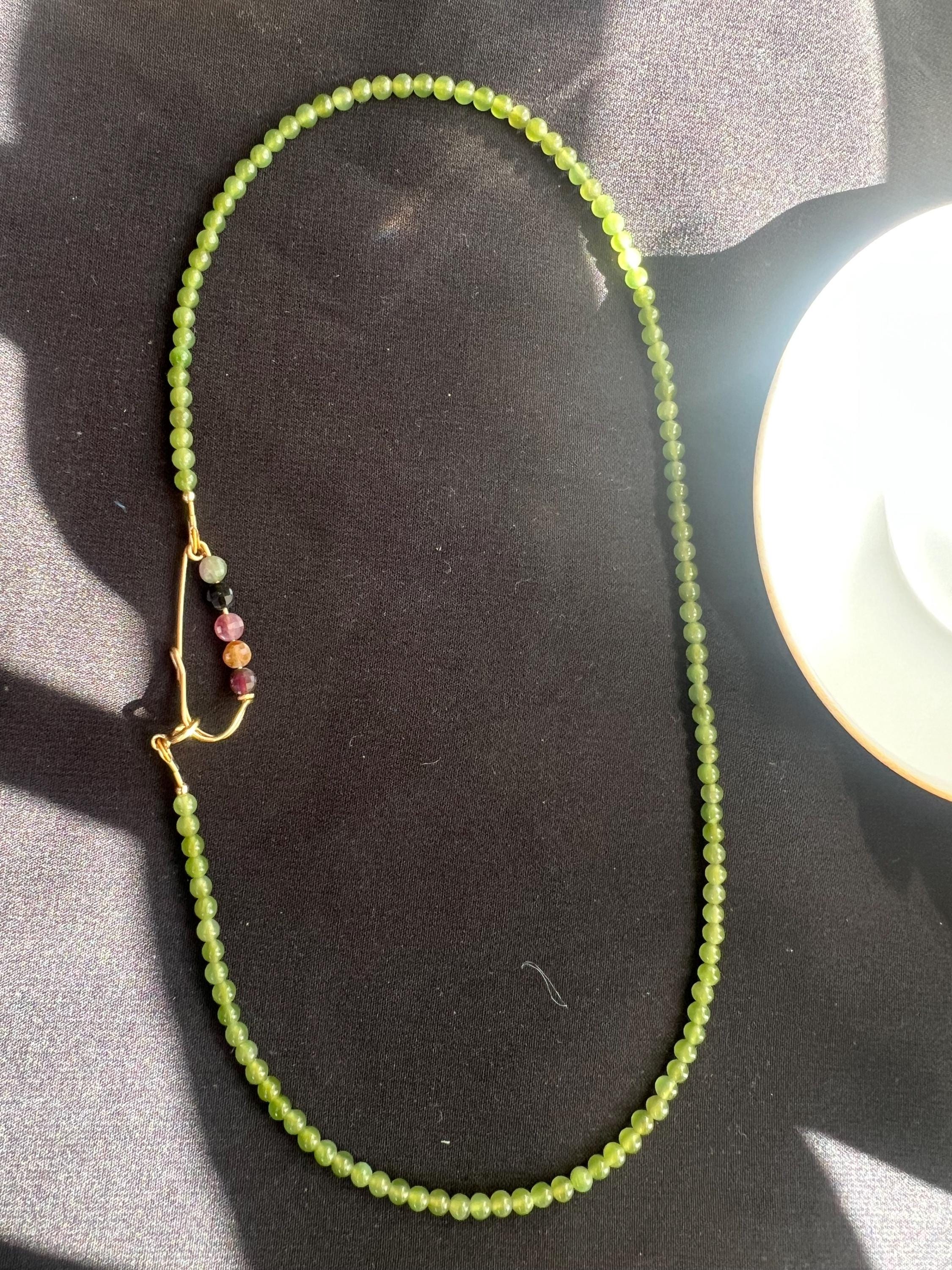 Green Jade Bead Necklace with Tourmaline Accent, Minimalist Jade Necklace, Handmade Gemstone Necklace, Delicate Jade Jewelry Gift
