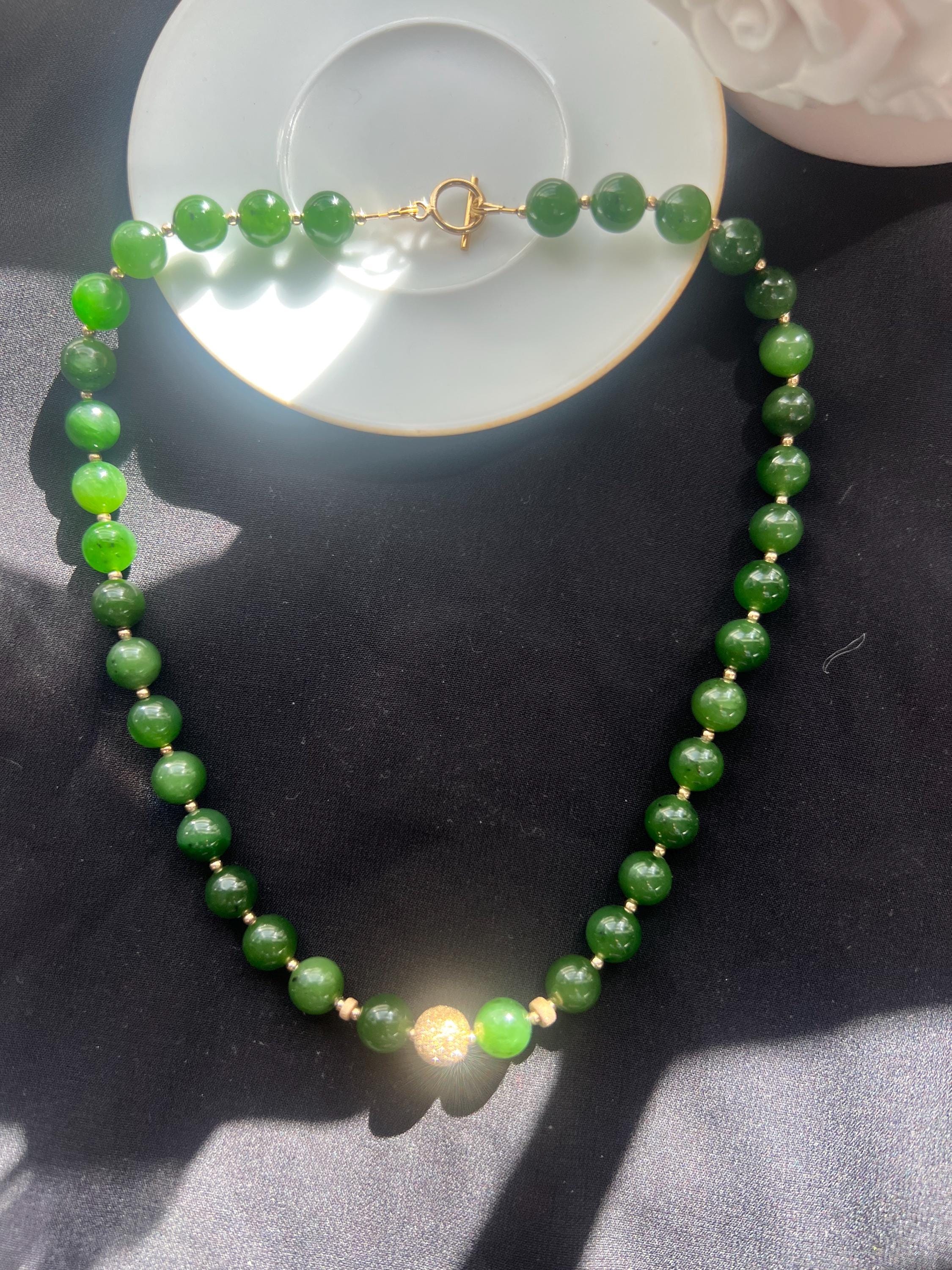 Green Jade Bead Necklace with Gold Accent, Minimalist Jade Necklace, Handmade Gemstone Necklace, Elegant Jade Jewelry Gift