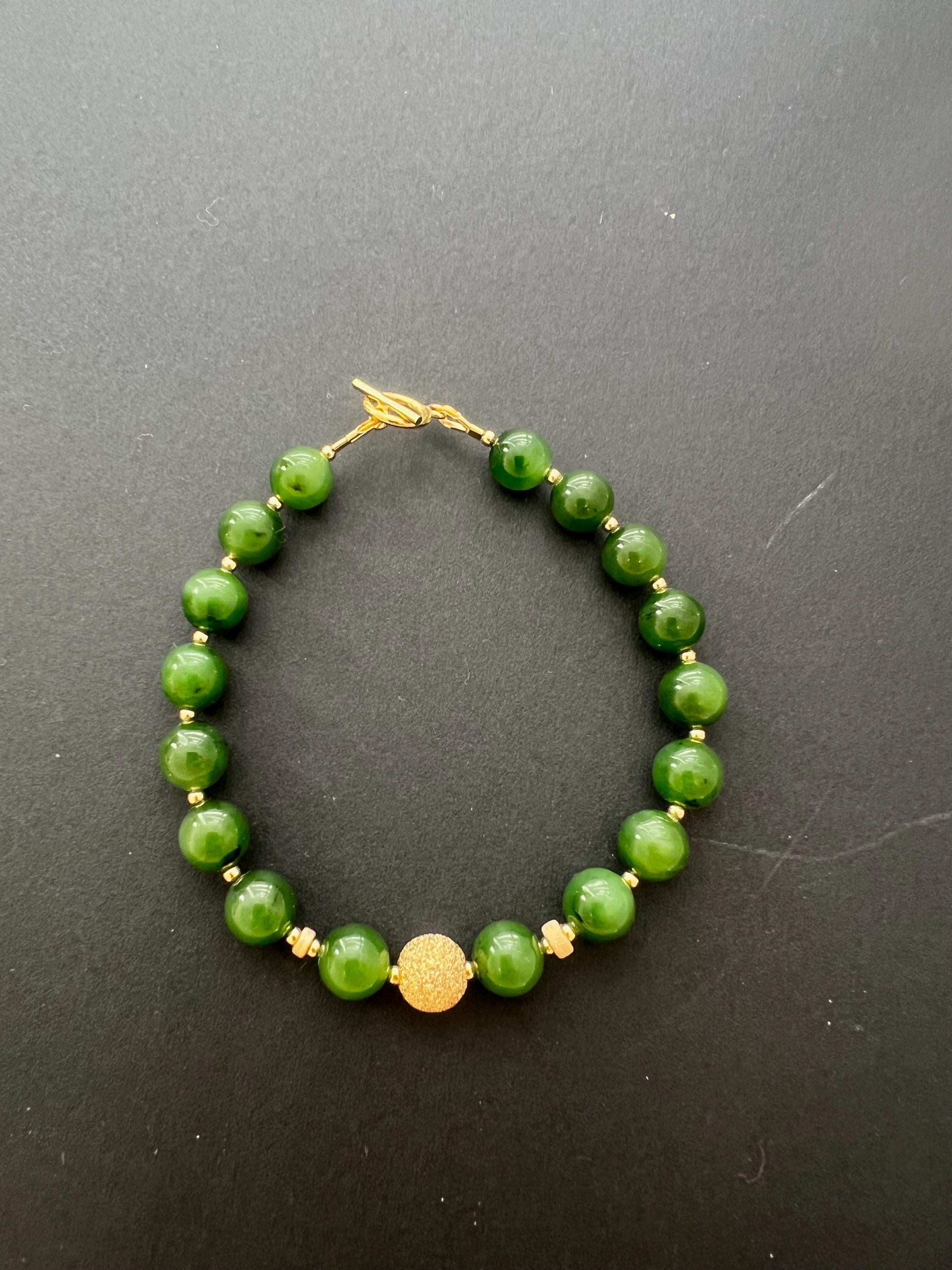 Natural Green Jade Bead Bracelet with 14k gold filled Gold Accent | Minimal Jade Jewelry