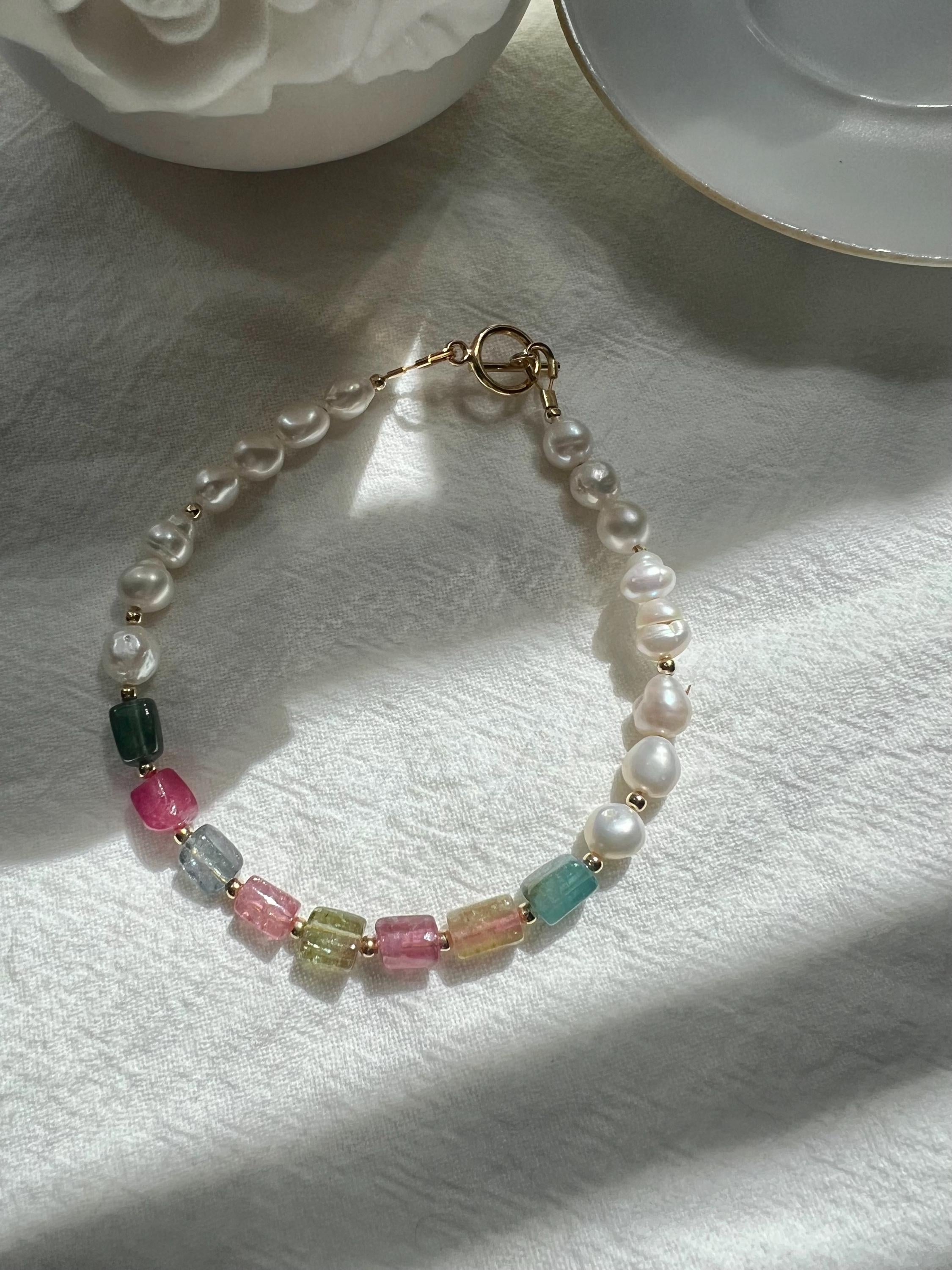 Natural freshwater Pearl & Multi-color Gemstone Choker and Bracelet Set. Pastel Paradise Necklace. 14K gold filled