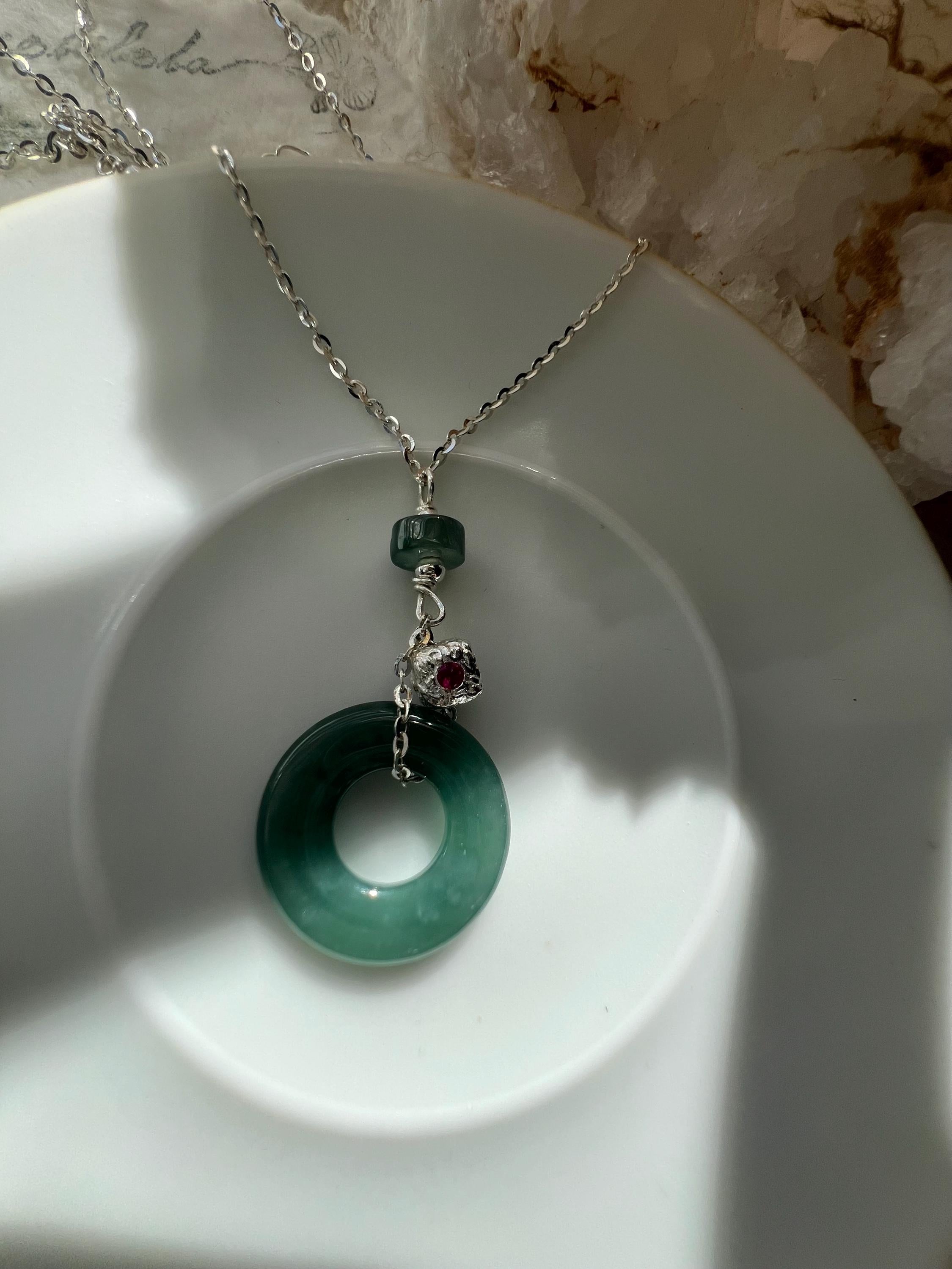 Jade Safety Disc Necklace, Ping An Kou Pendant, Green Jadeite Jewelry, Silver Charm Necklace. Oriental Minimalism