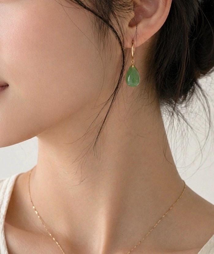 Natural Green Jade Drop Earrings 18K solid Gold | Jade Teardrop Earrings | Minimalist Jade Jewelry | Elegant Jade Dangle Earrings