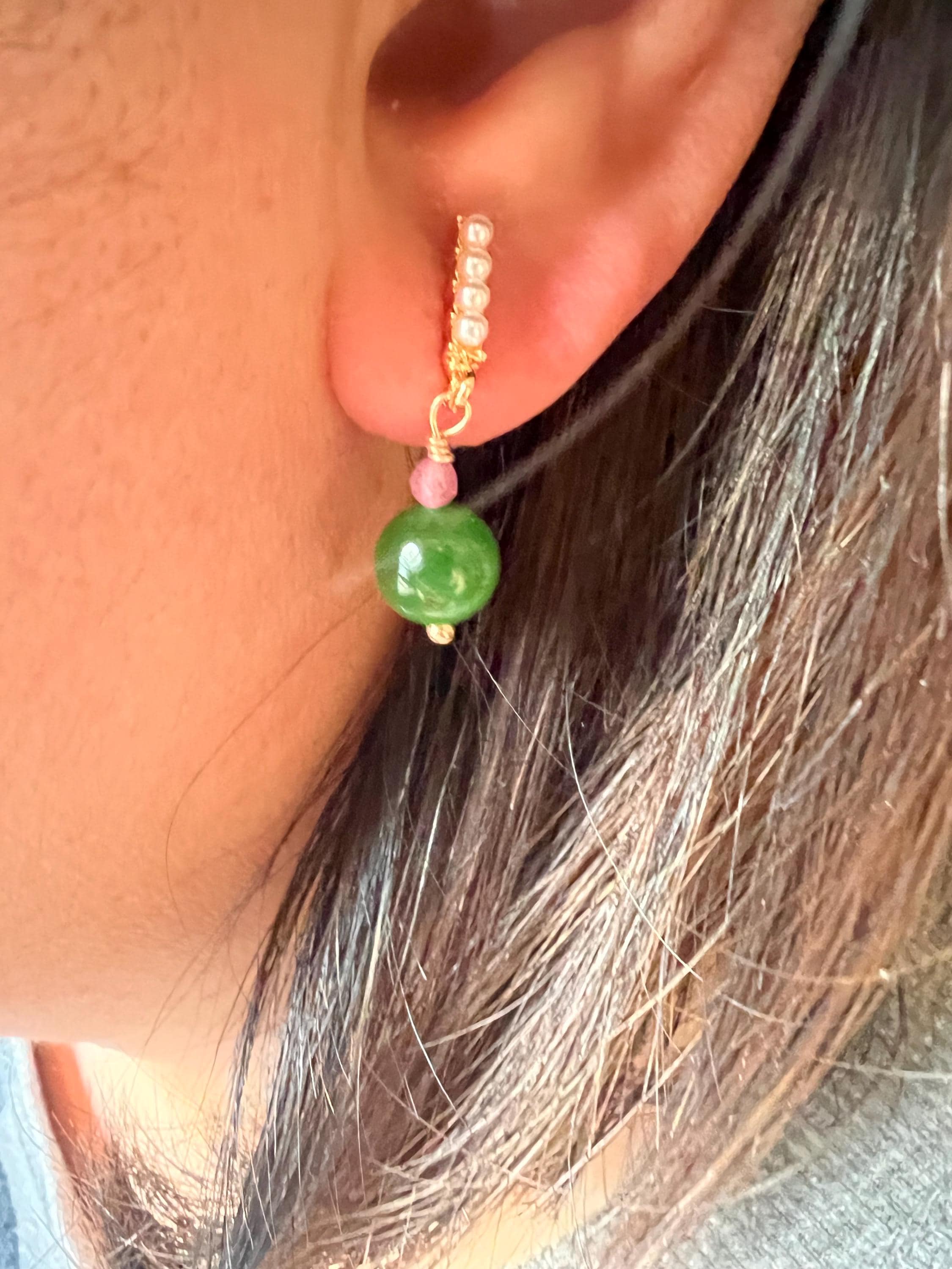 Natural Green Jade and Pink Gemstone Dangle Earrings with Seed Pearls. Quiet Luxury, Elegant Statement, Symbolic Gift, Artisanal Jewelry.