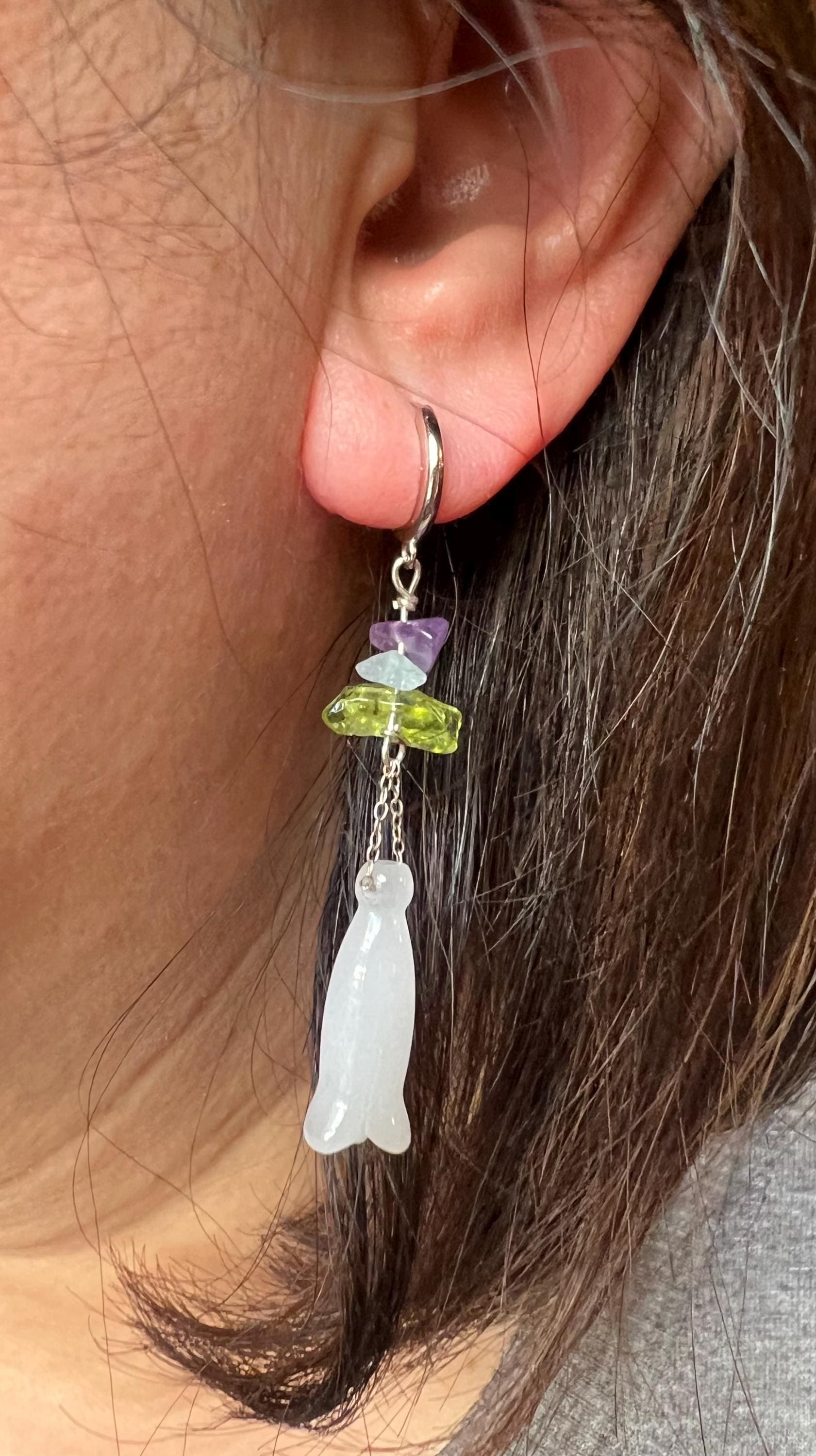 White Jade Flower Earrings, 925 Sterling Silver, Amethyst Prehnite Aquamarine, Dangle Gemstone Earrings, Handmade Pastel Jewelry, Gift