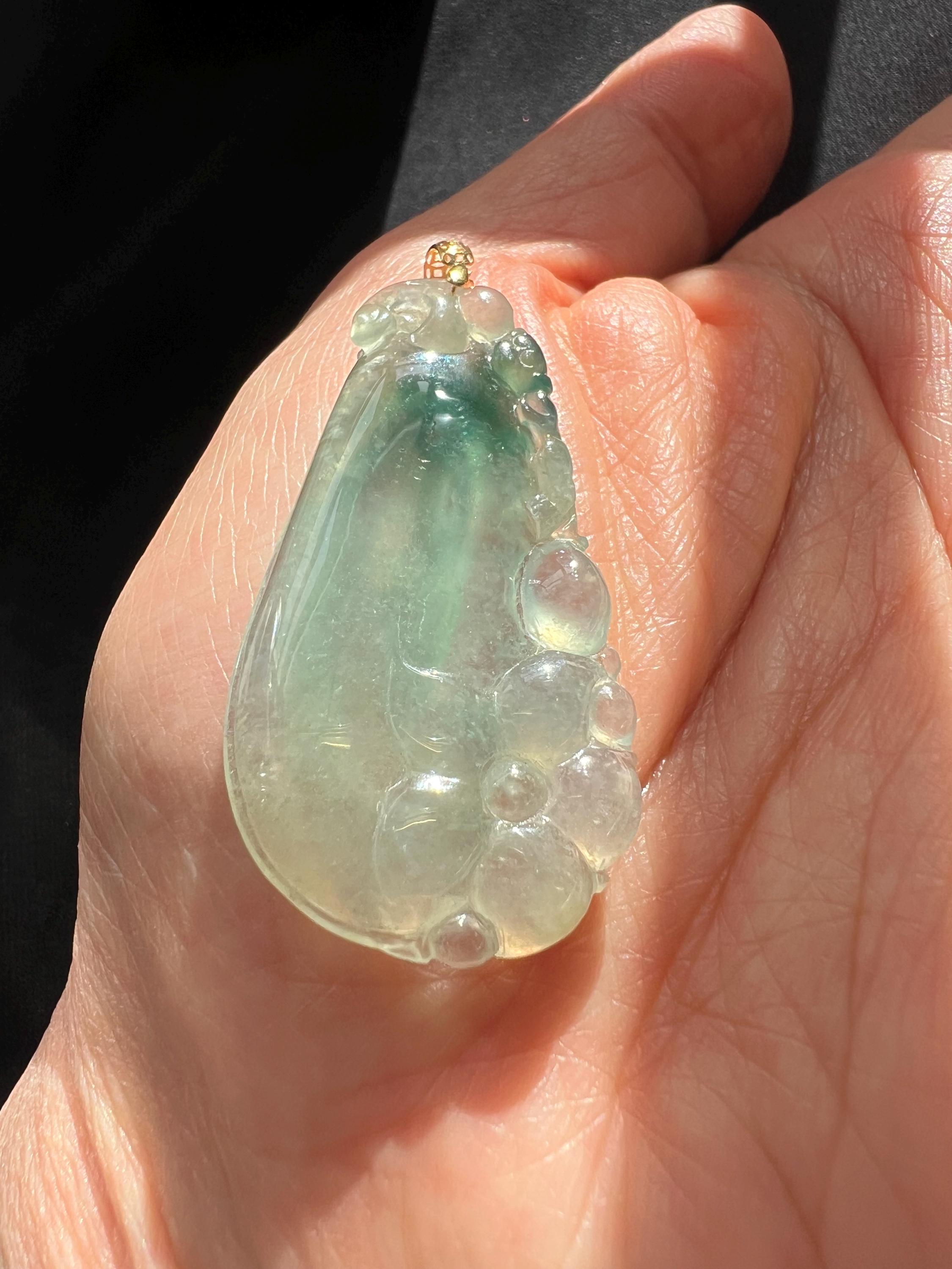 Verdant Mist — Hand-Carved Ice-Type Jadeite Pendant with Floating Flower