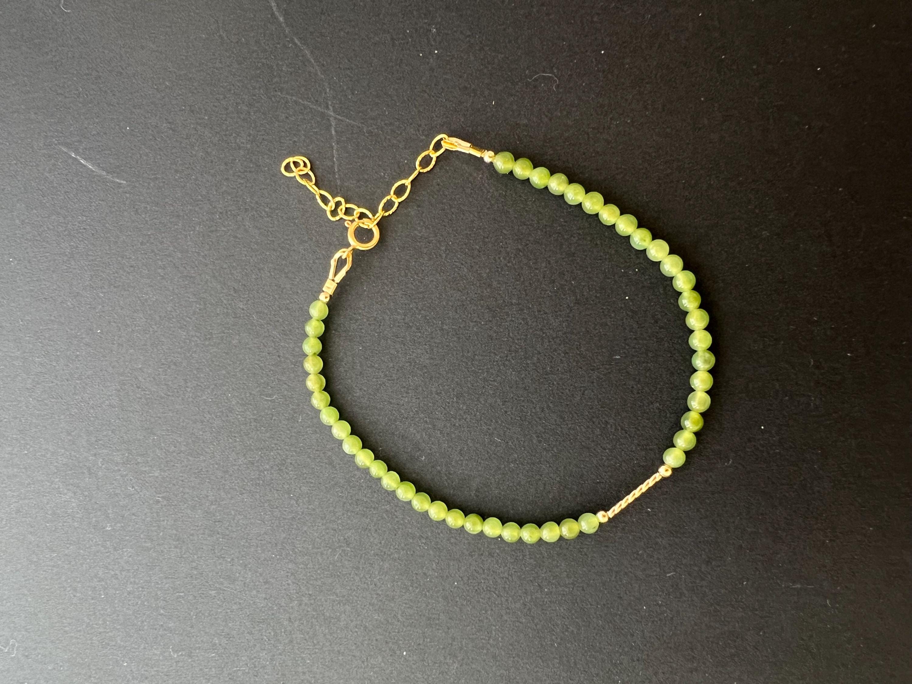 Dainty Green Jade Bead Bracelet with 14k gold filled Chain Extender | Minimal Natural Jade Jewelry