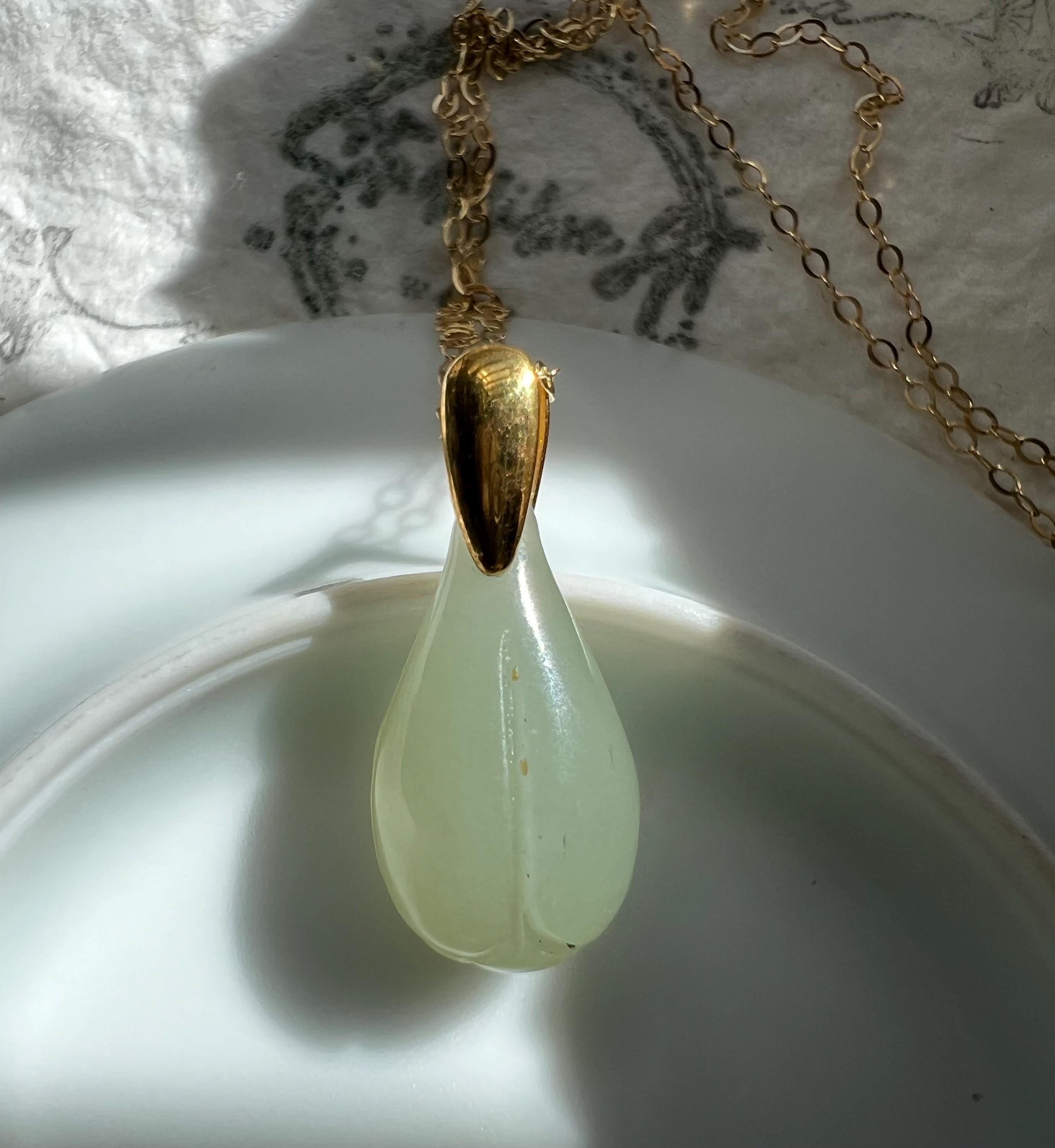 Jade Magnolia Pendant Necklace, Natural Nephrite Jade, Gold Filled Chain, Minimalist Jewelry, Gift for Her, Healing Stone