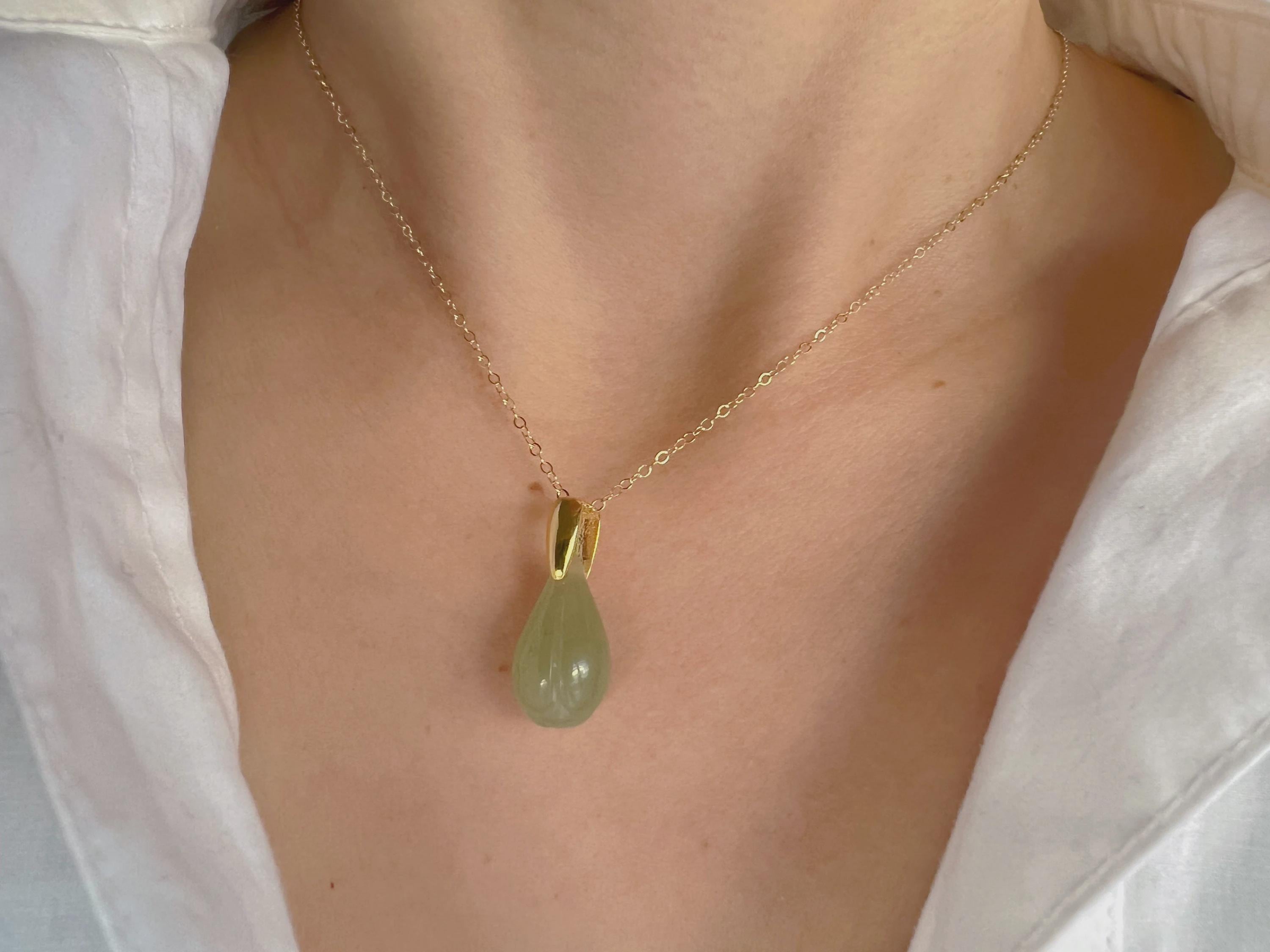 Jade Magnolia Pendant Necklace, Natural Nephrite Jade, Gold Filled Chain, Minimalist Jewelry, Gift for Her, Healing Stone