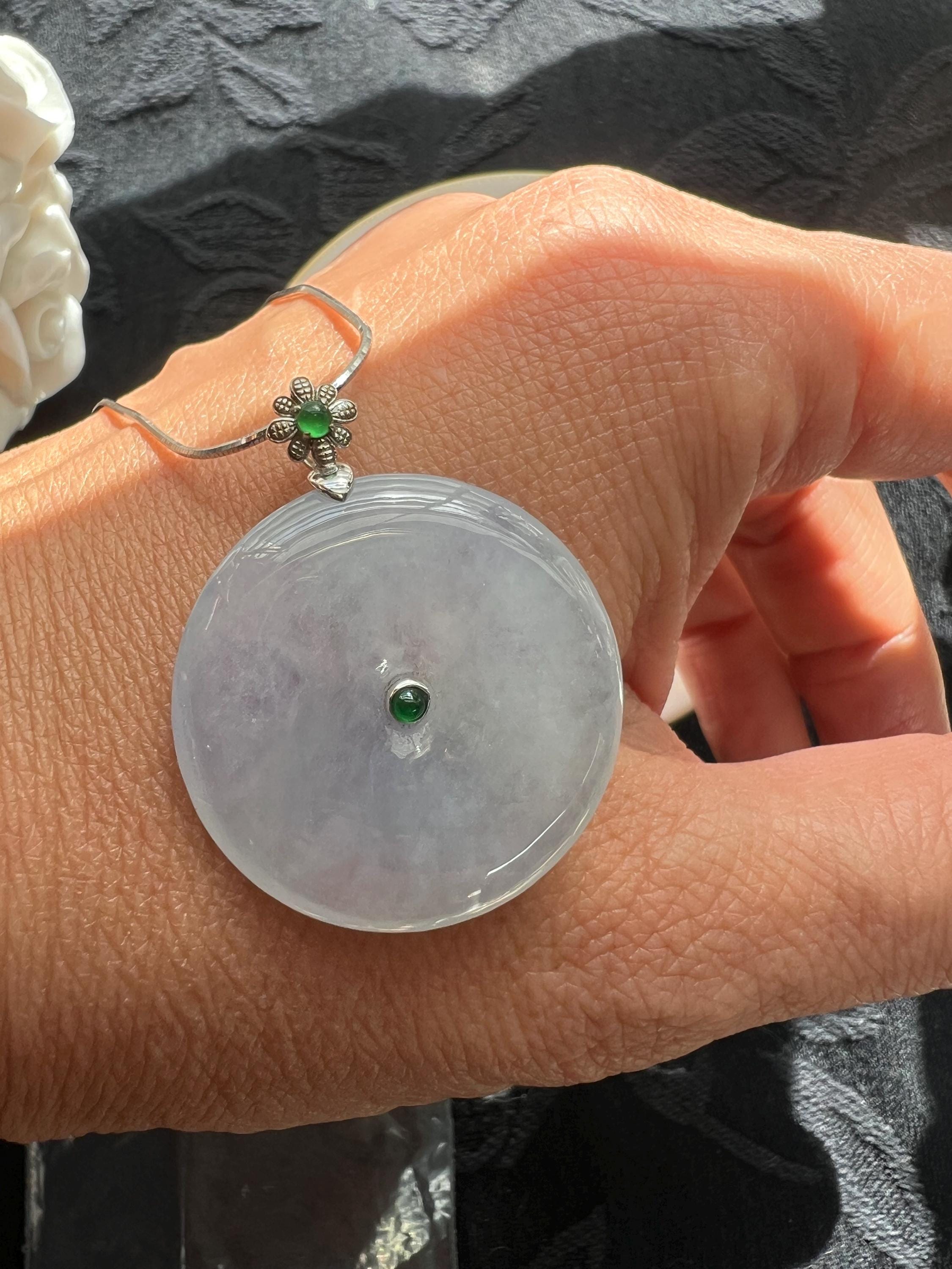 Natural Lavender Jadeite Ping An Kou Pendant, Grade A Icy Purple Jadeite Donut Necklace, 18K platina, Protection & Peace Amulet,