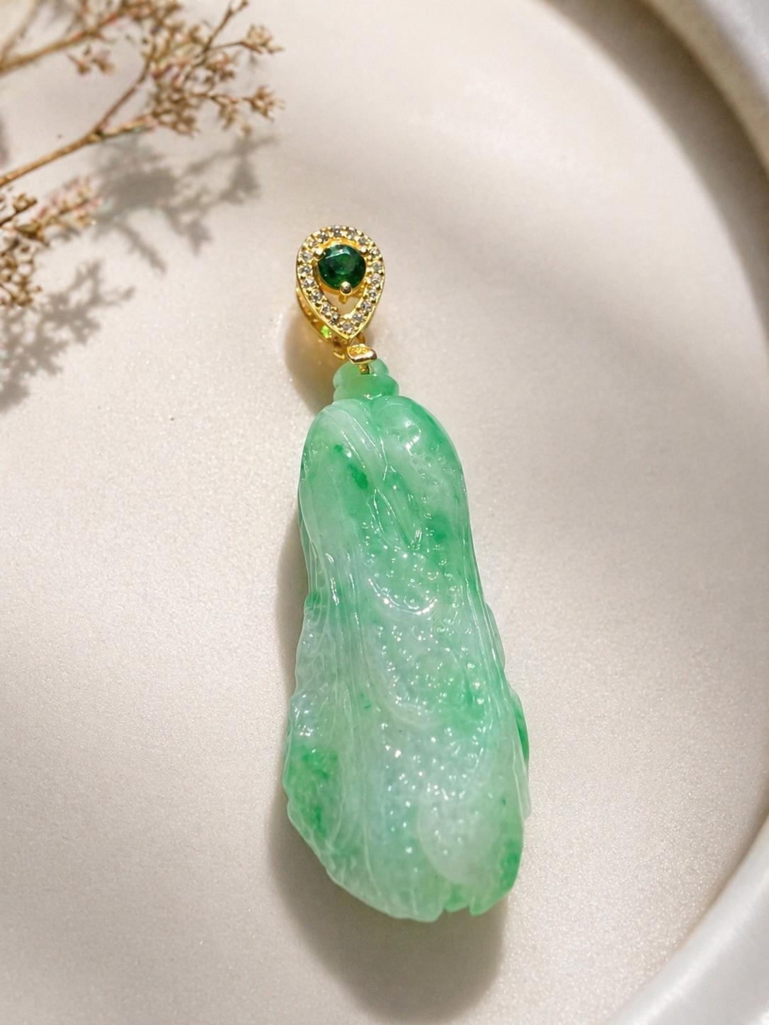 Jadeite Cabbage Necklace, Green Gemstone Pendant, Chinese Prosperity Symbol, Gold Filled Dainty Jewelry, Minimalist Lucky Charm