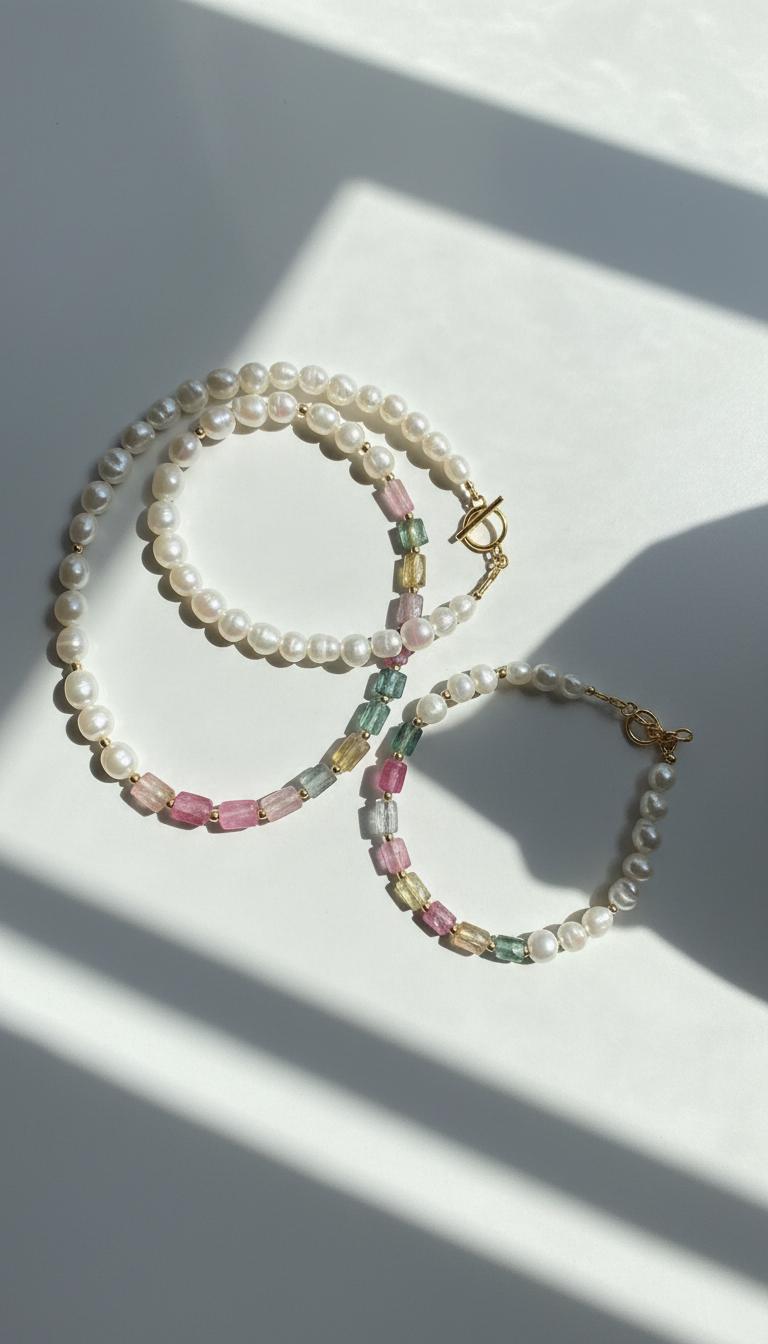 Natural freshwater Pearl & Multi-color Gemstone Choker and Bracelet Set. Pastel Paradise Necklace. 14K gold filled