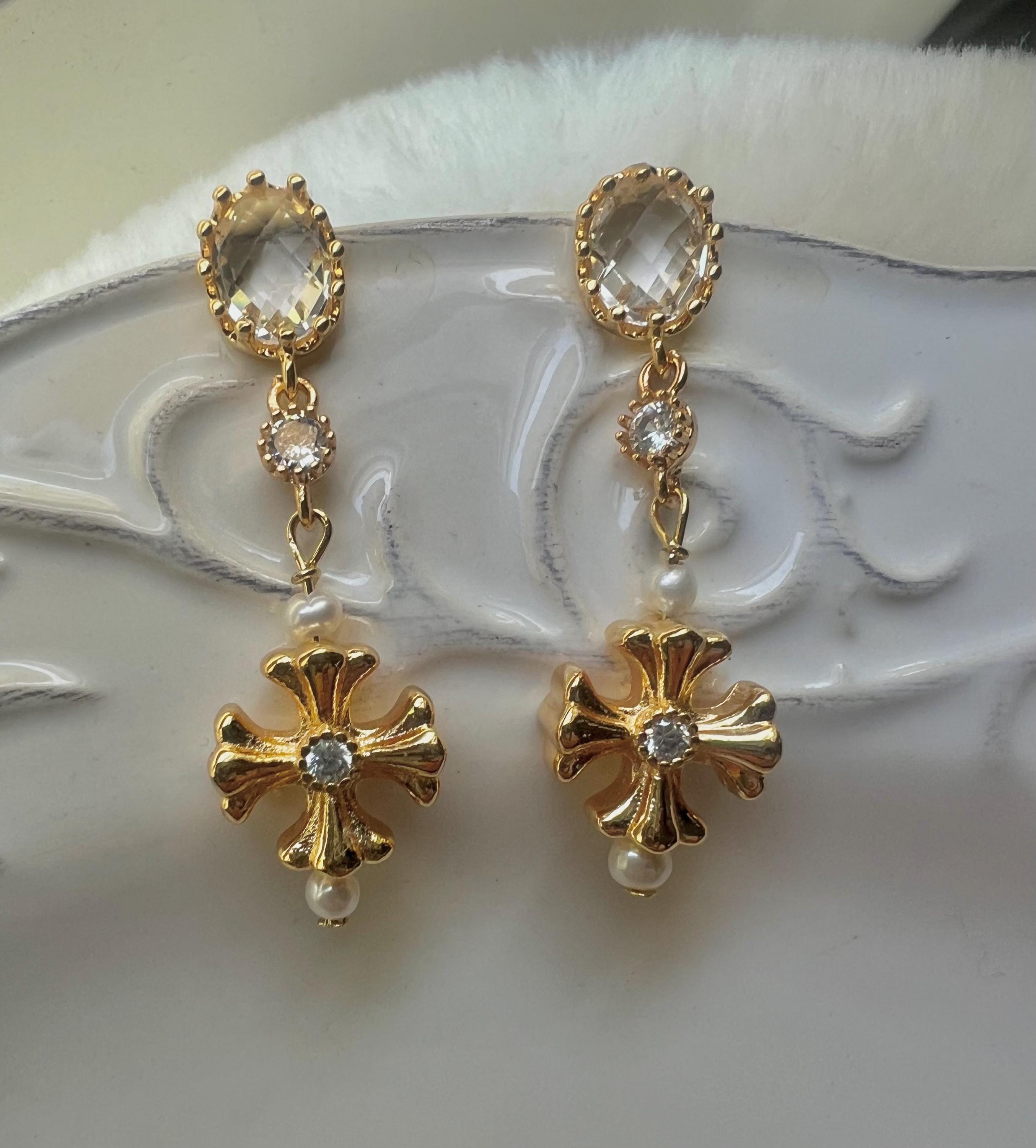 Vintage Gold Cross Earrings, Pearl Drop Earrings, Baroque Style Earrings, Elegant Bridal Jewelry, Feminine Statement Earrings, Romantic Gift