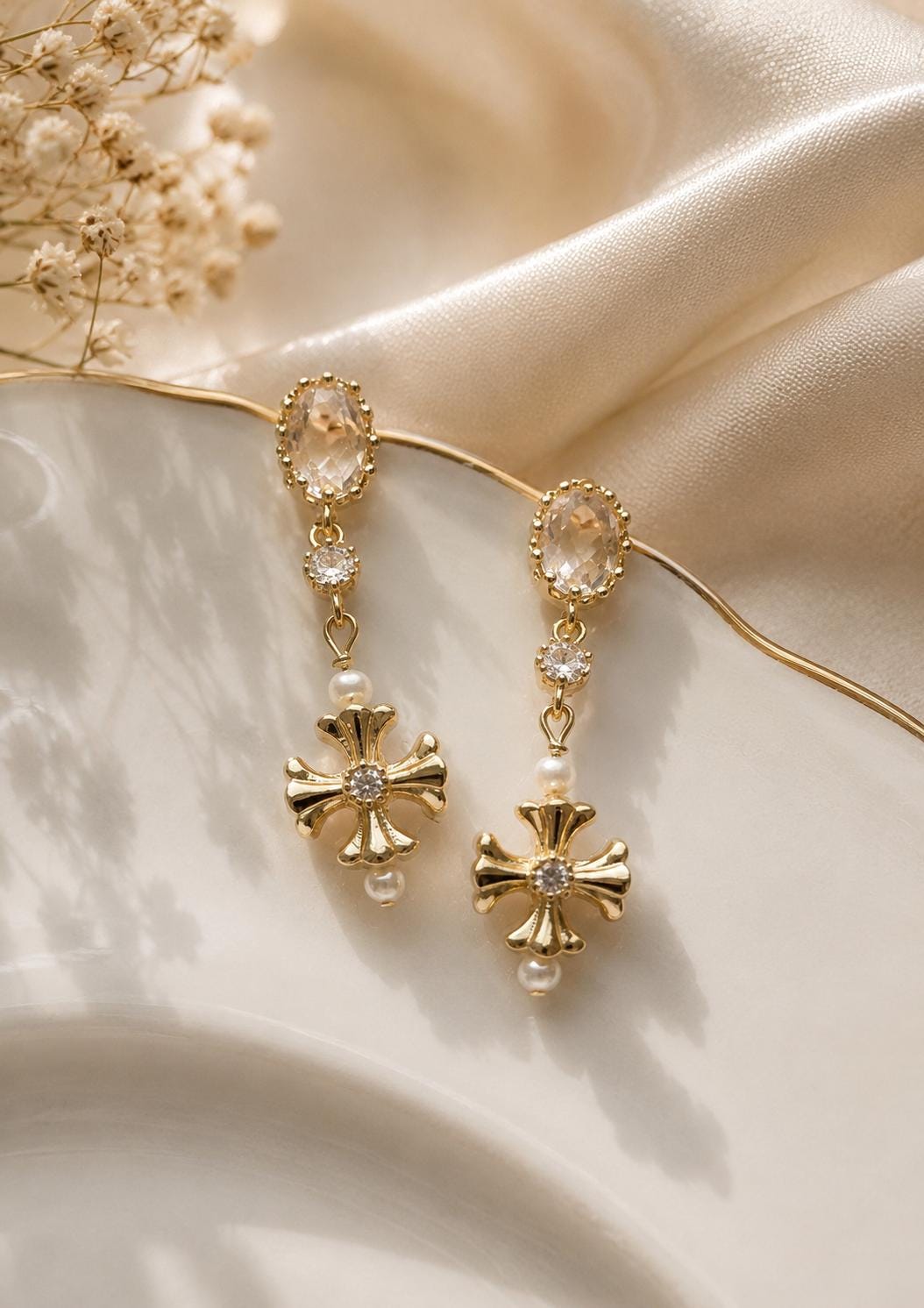 Vintage Gold Cross Earrings, Pearl Drop Earrings, Baroque Style Earrings, Elegant Bridal Jewelry, Feminine Statement Earrings, Romantic Gift