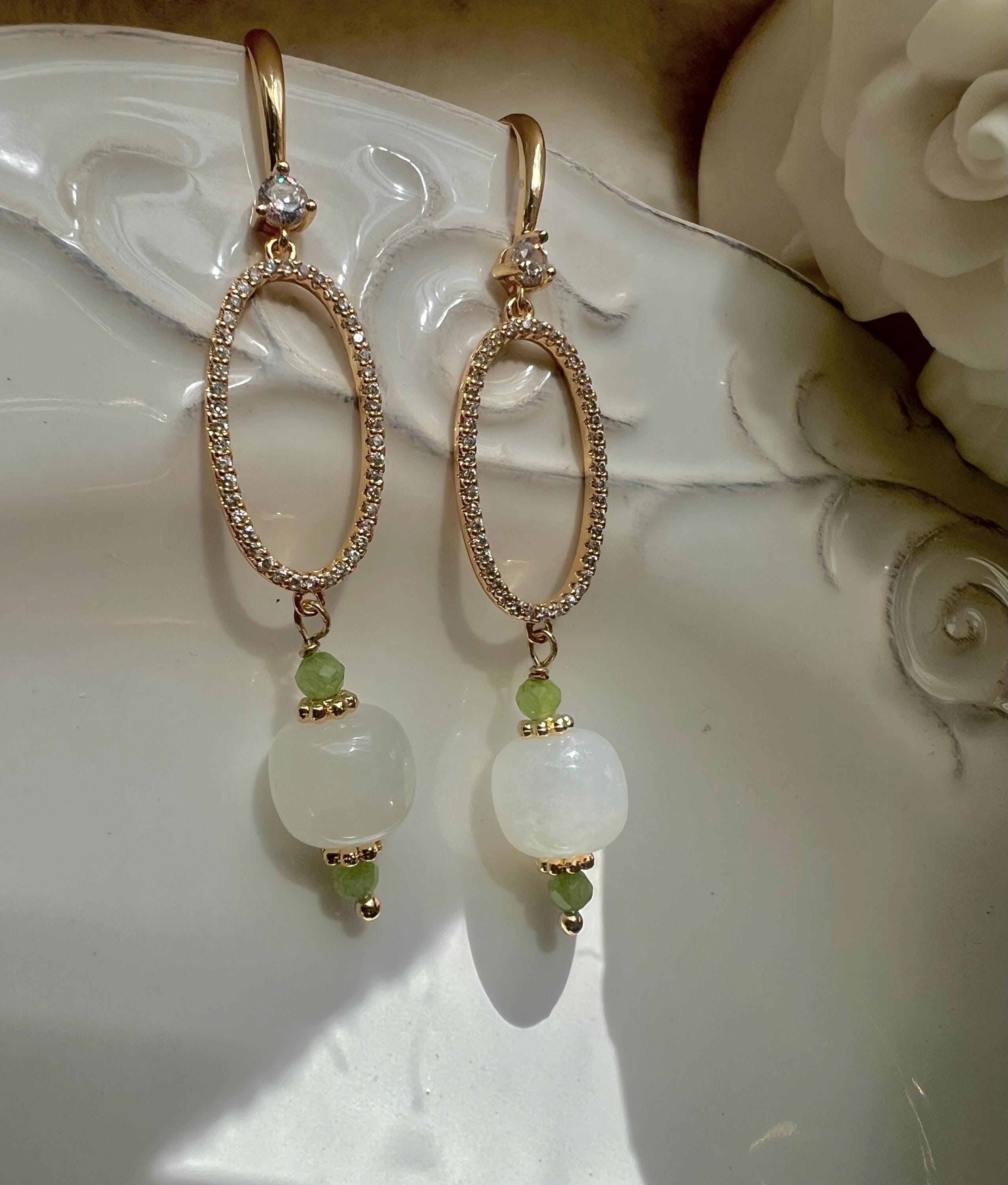 White Jade Drop Earrings, Gold Dangle Earrings, Minimalist Jade Jewelry, Delicate Bridal Earrings, Asian Inspired Jewelry