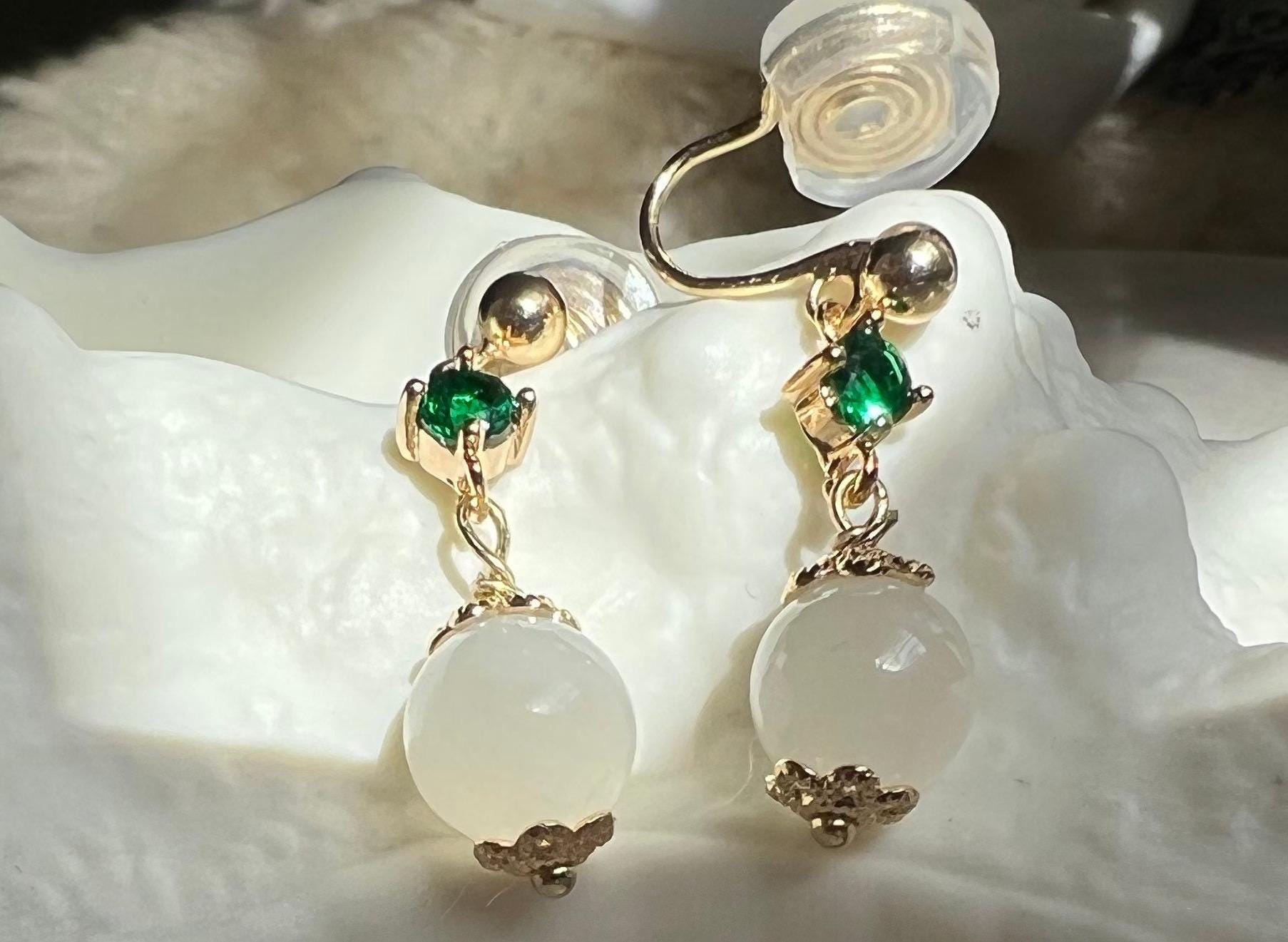 Jade clip on earrings. Natural Jade Drop Earrings, Gold Dangle Jade Earrings, Minimalist Jade Jewelry, Delicate Everyday Earrings, Gift