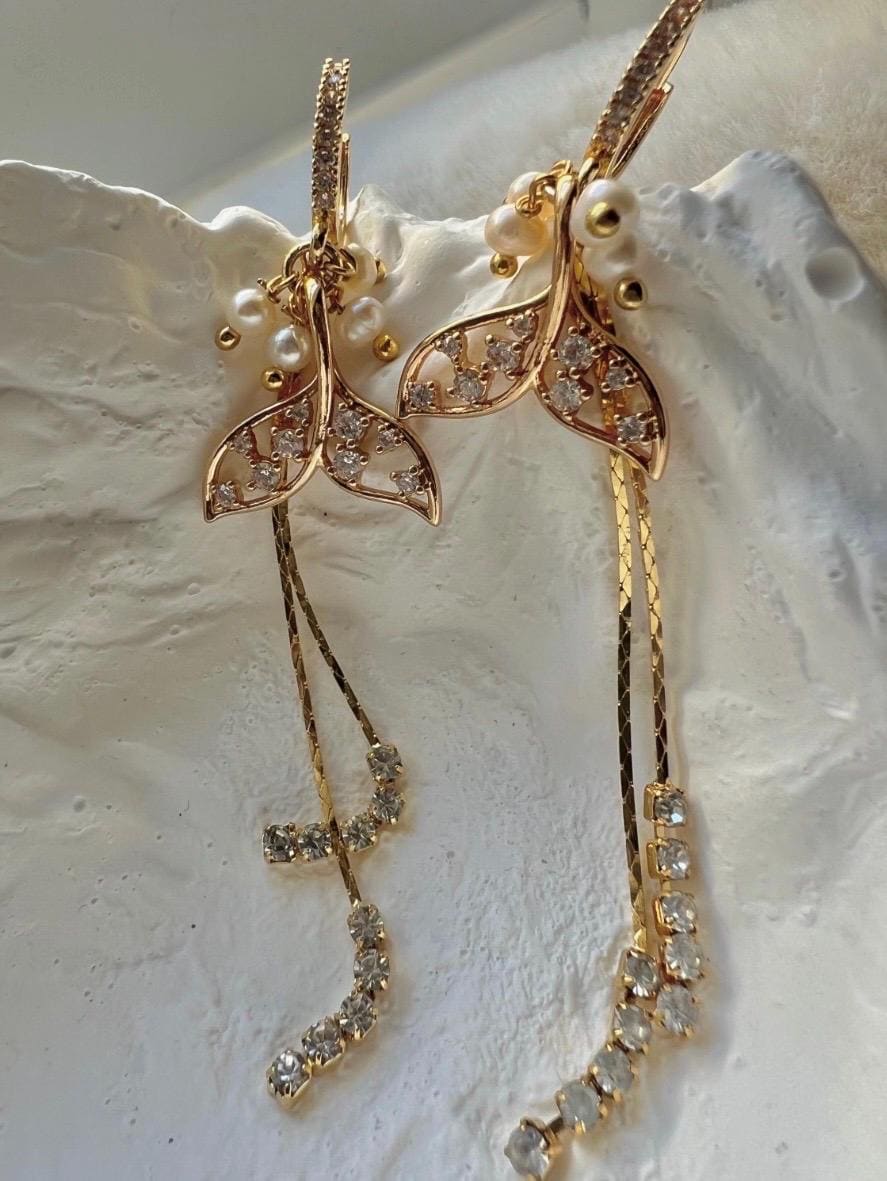 Gold Mermaid Tail Earrings, Pearl & Crystal Dangle Earrings, Gold Statement Earrings, Fairycore Jewelry, Elegant Long Earrings for Women