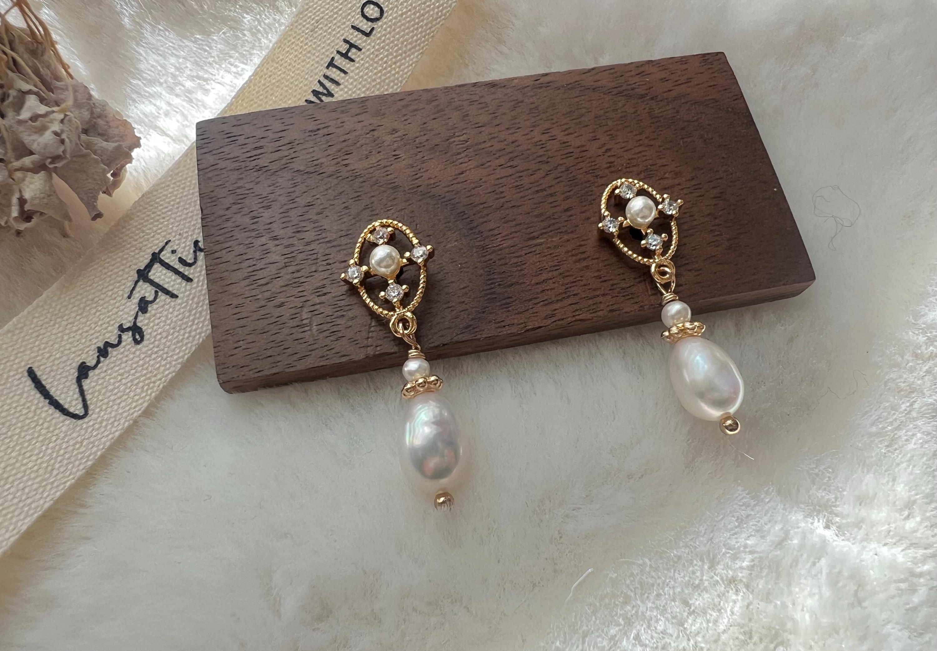Vintage-Inspired Pearl Dangle Earrings, Art Deco Chandelier Drop Earrings with CZ and Fresh Water Pearl, Gold Bridal Jewelry, Gifts for Her