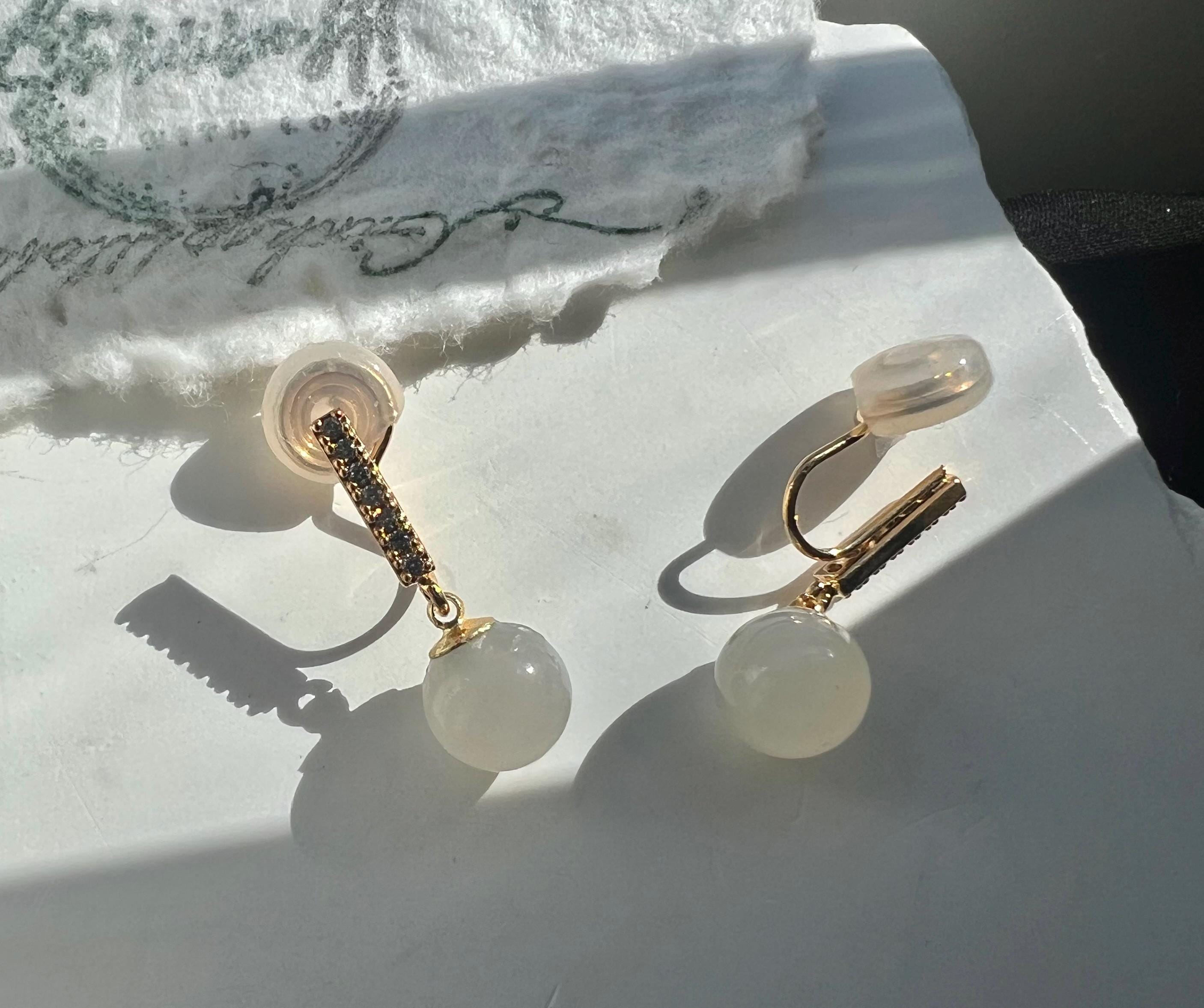 Dainty Natural Jade and Pearl Drop Earrings, 18K Gold Plated Tiny Pale Jade Bead clip on Earrings, Elegant Minimalist Jewelry, Gift for Her