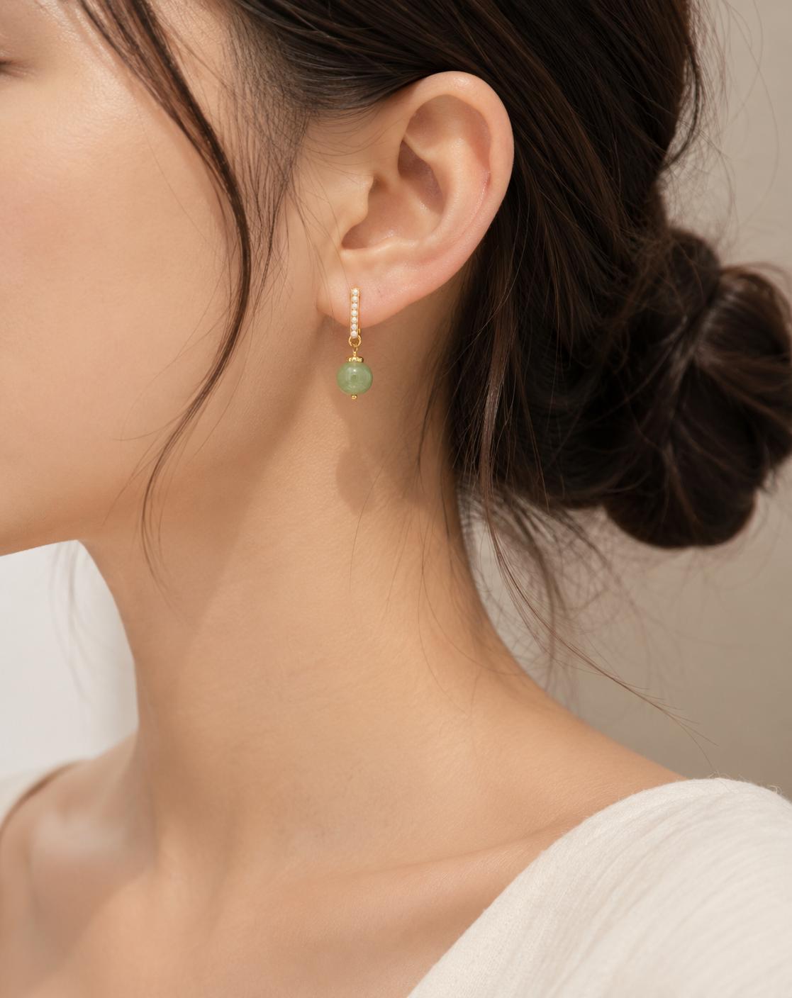 Dainty Natural Jade and Pearl Drop Earrings, 18K Gold Plated Tiny Pale Jade Bead clip on Earrings, Elegant Minimalist Jewelry, Gift for Her