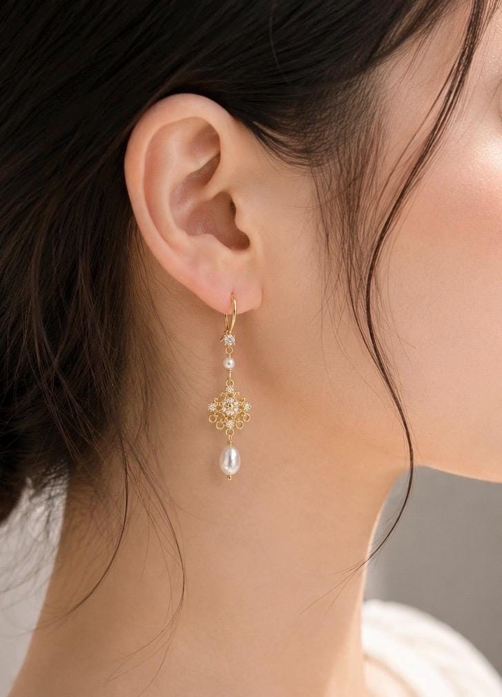Vintage Pearl CZ Filigree Drop Earrings