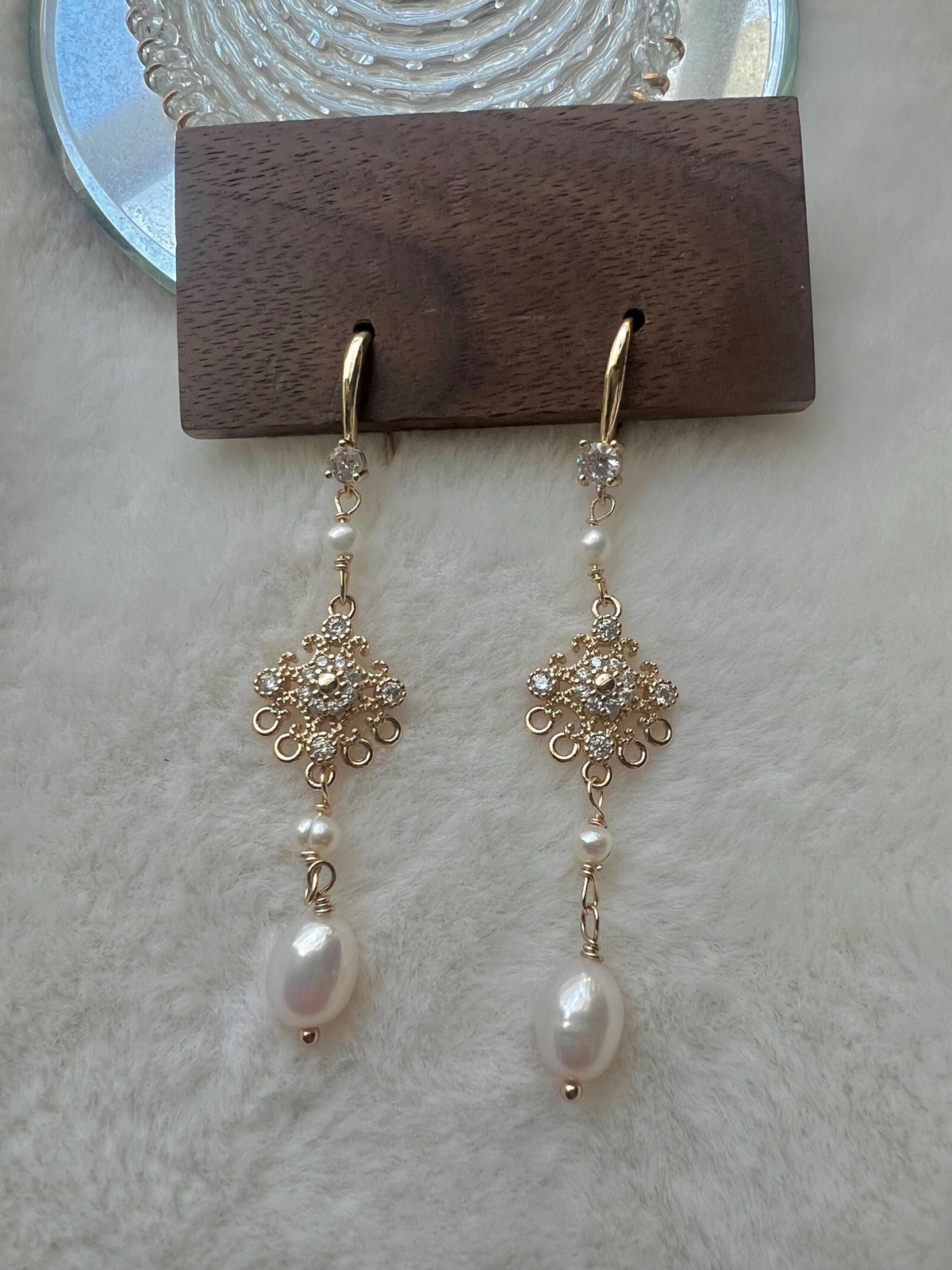 Vintage Pearl CZ Filigree Drop Earrings