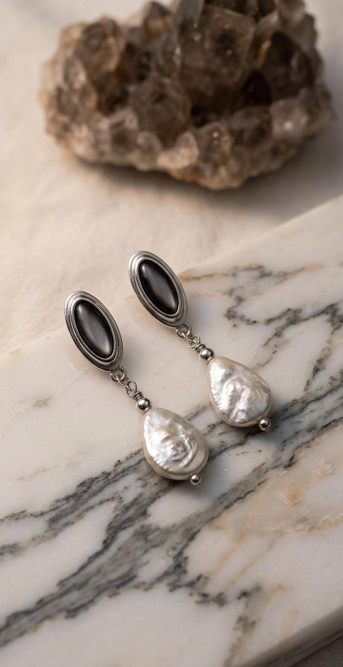 Baroque Pearl & Black Shell Drop Earrings — product image 1