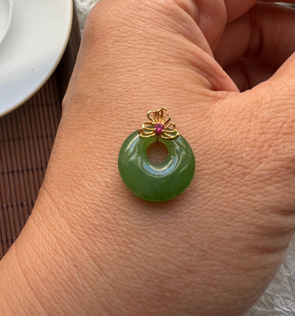 Nephrite Donut & Ruby Pendant in 18K Gold