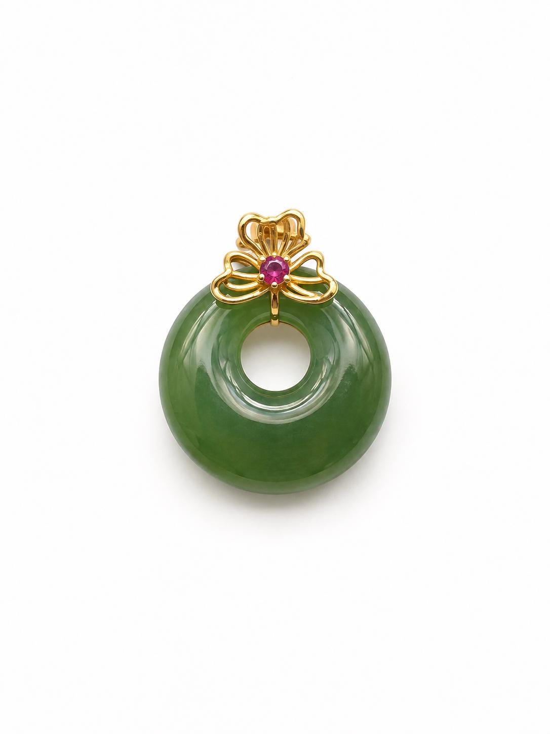 Nephrite Donut & Ruby Pendant in 18K Gold