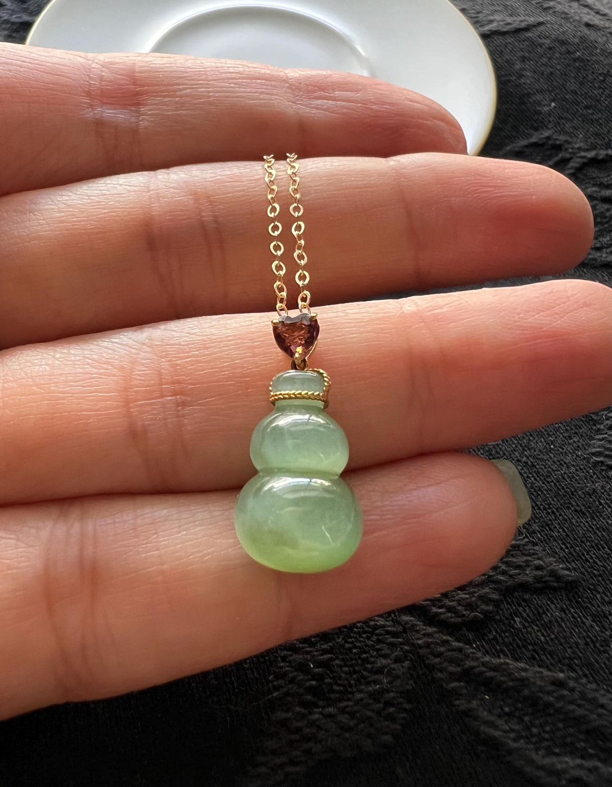Green Nephrite Gourd & Ruby Pendant