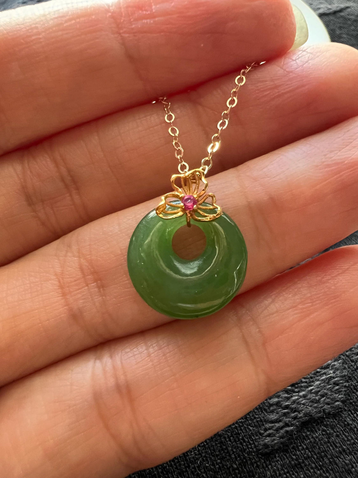 Nephrite Donut & Ruby Pendant in 18K Gold