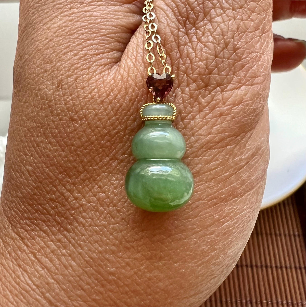Green Nephrite Gourd & Ruby Pendant